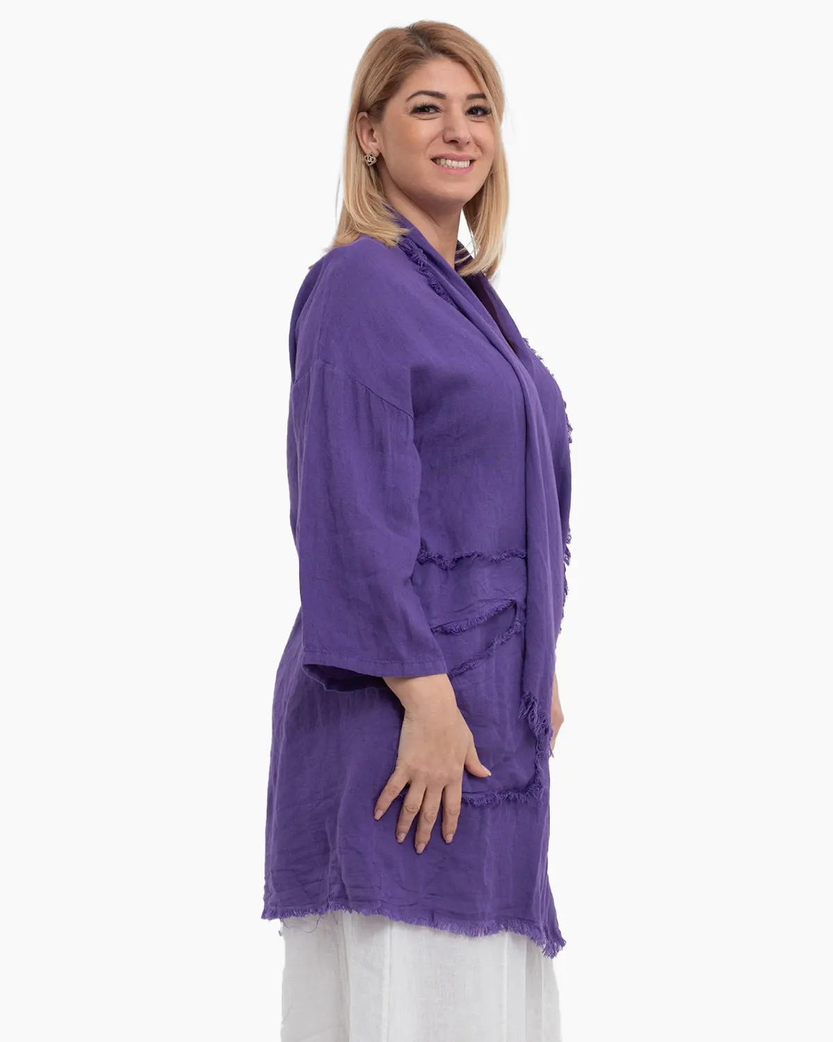 Jacheta mov oversized din in, asimetrica cu margini franjurate [1]
