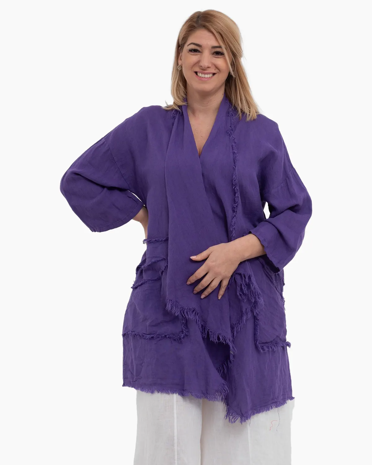 Jachete Casual - Jacheta mov oversized din in, asimetrica cu margini franjurate