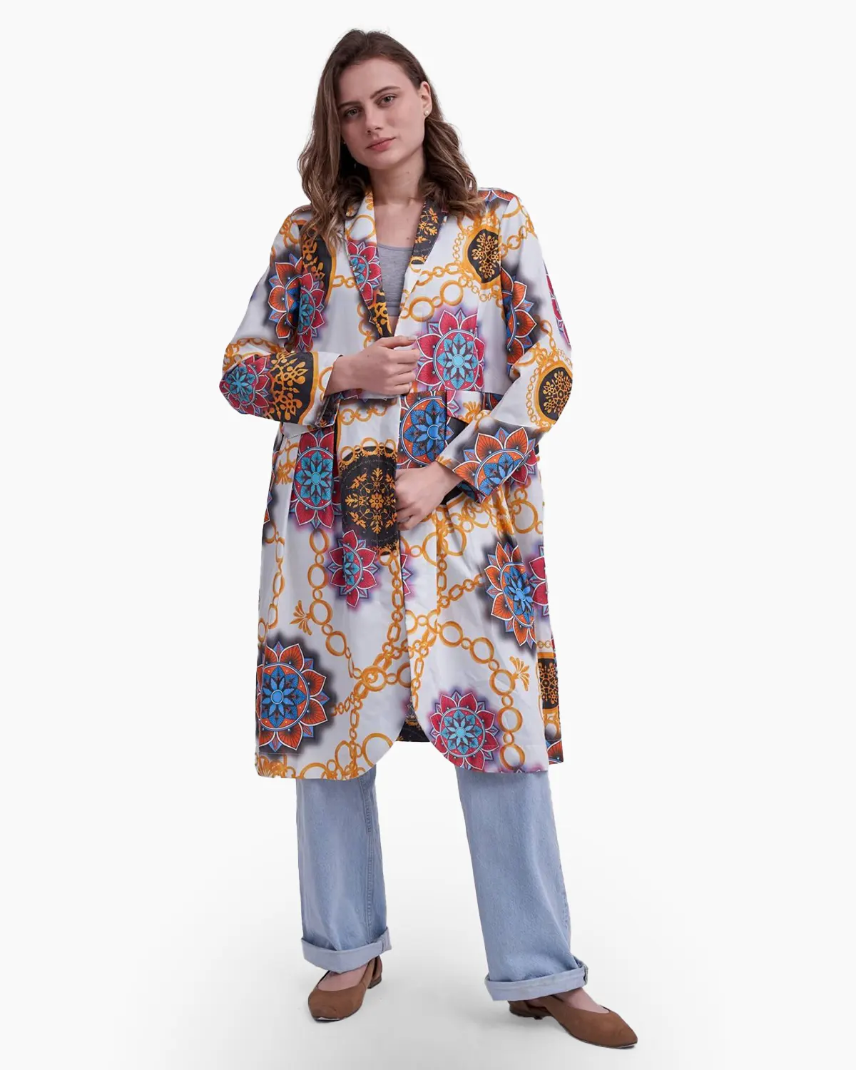 Jachete Casual - Jacheta multicolora cu imprimeu geometric, pe fond alb