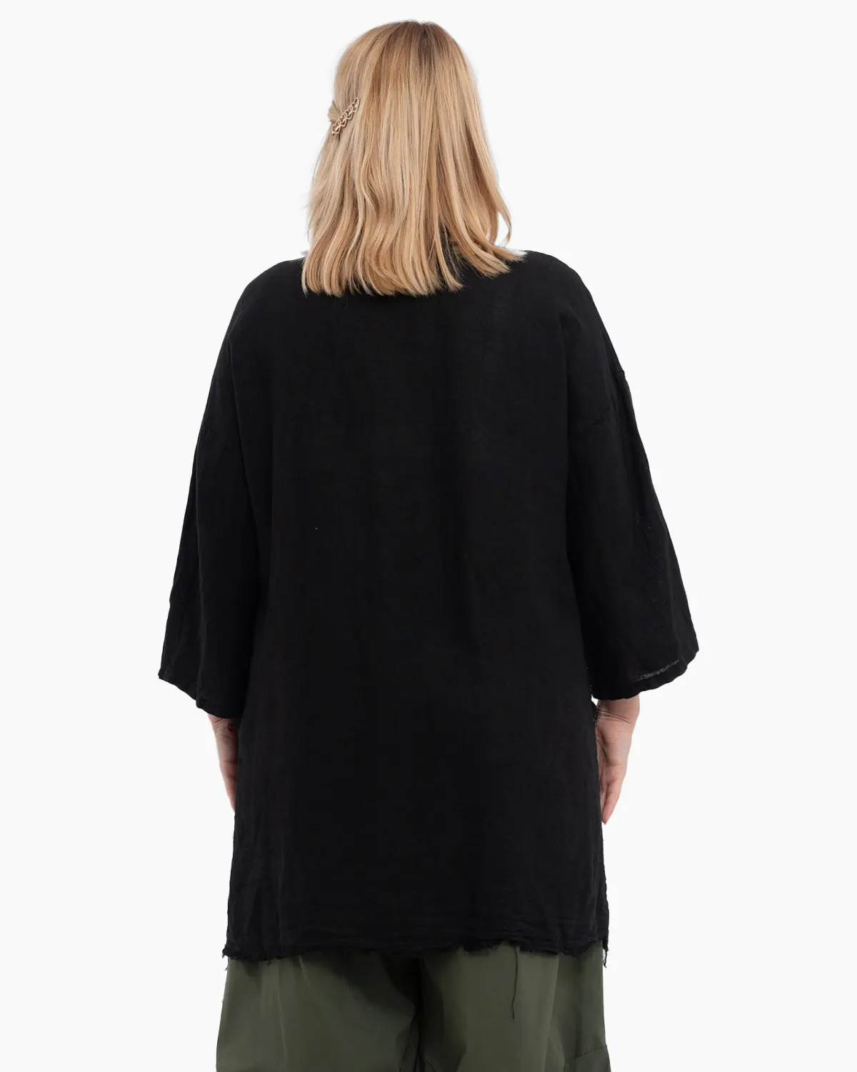 Jacheta neagra oversized din in, asimetrica cu margini franjurate [2]