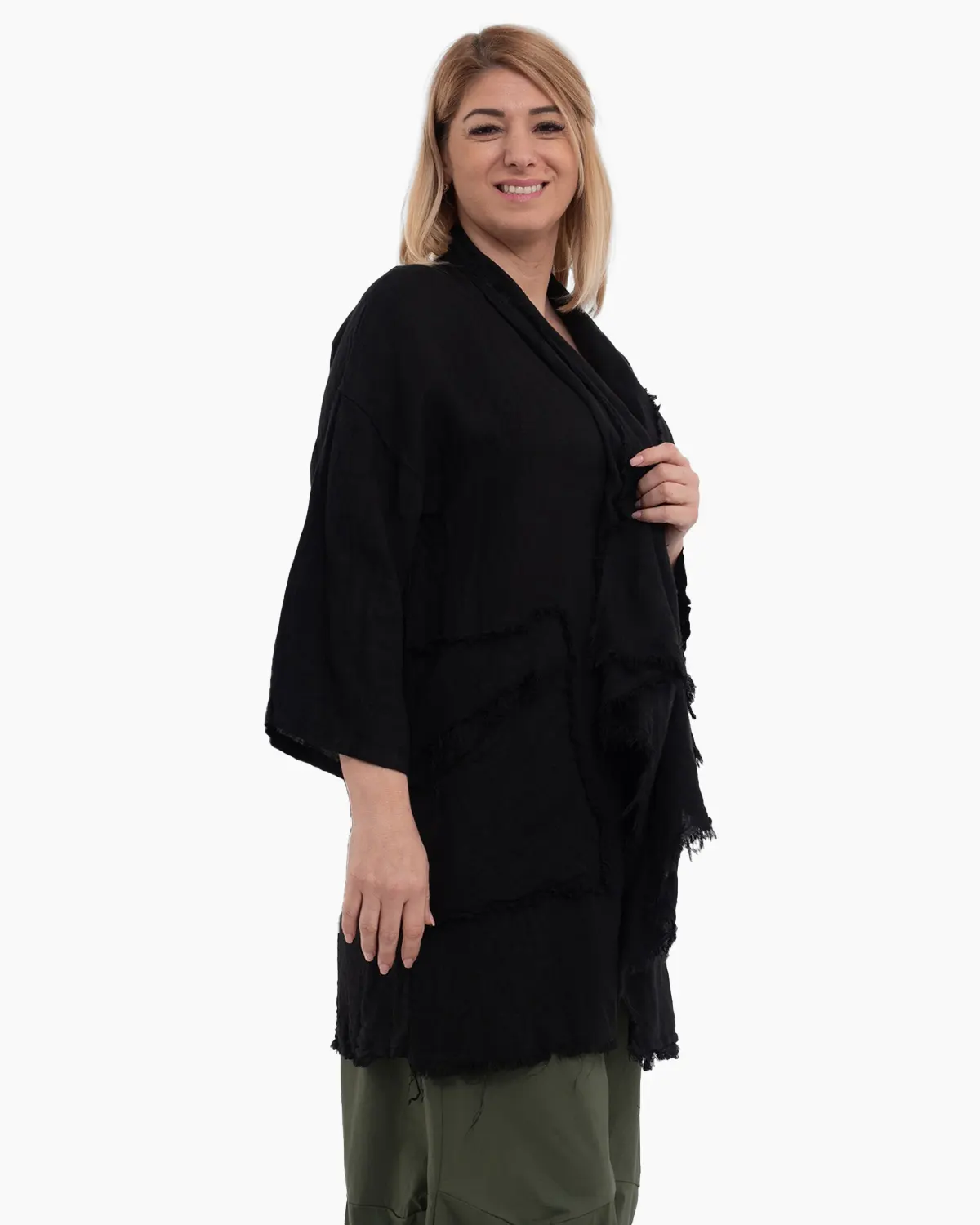 Jacheta neagra oversized din in, asimetrica cu margini franjurate [1]