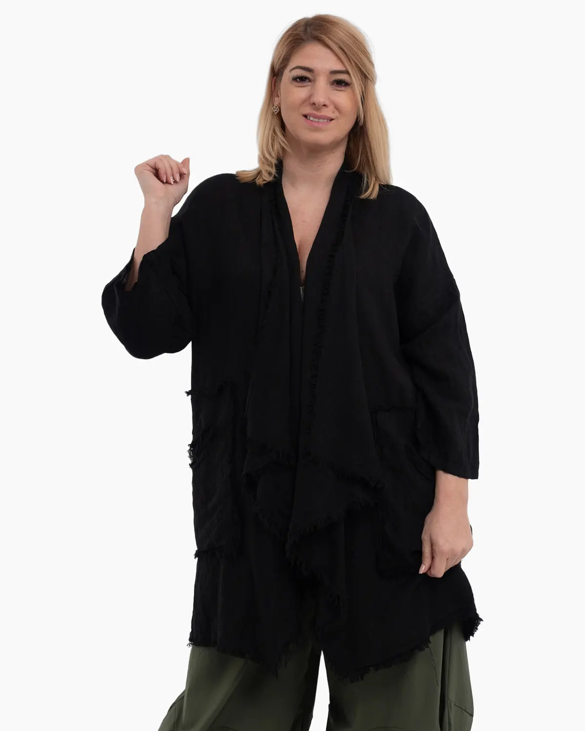 Jachete Casual - Jacheta neagra oversized din in, asimetrica cu margini franjurate