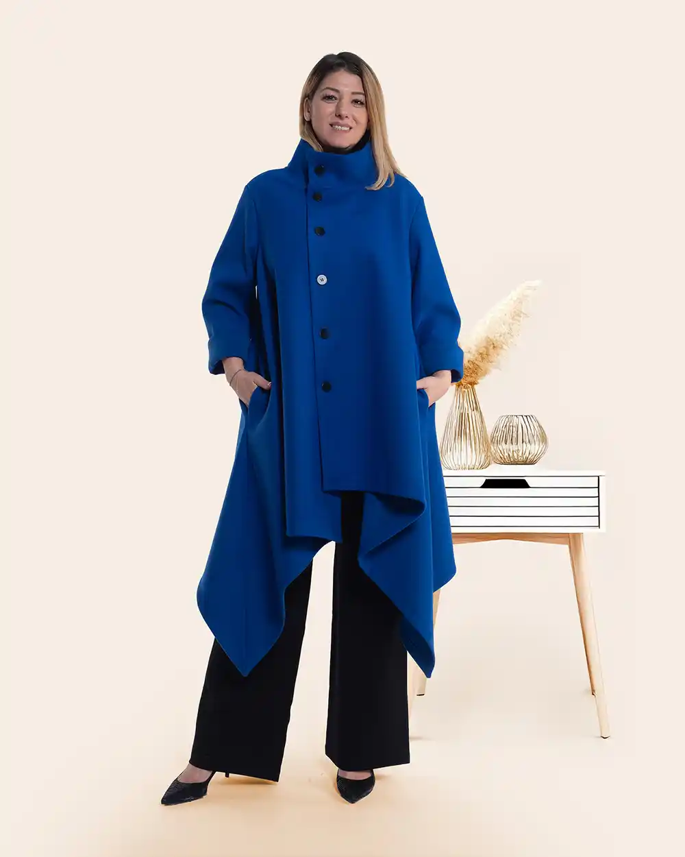 Jachete Casual - Jachetă palton casual chic albastru regal asimetric