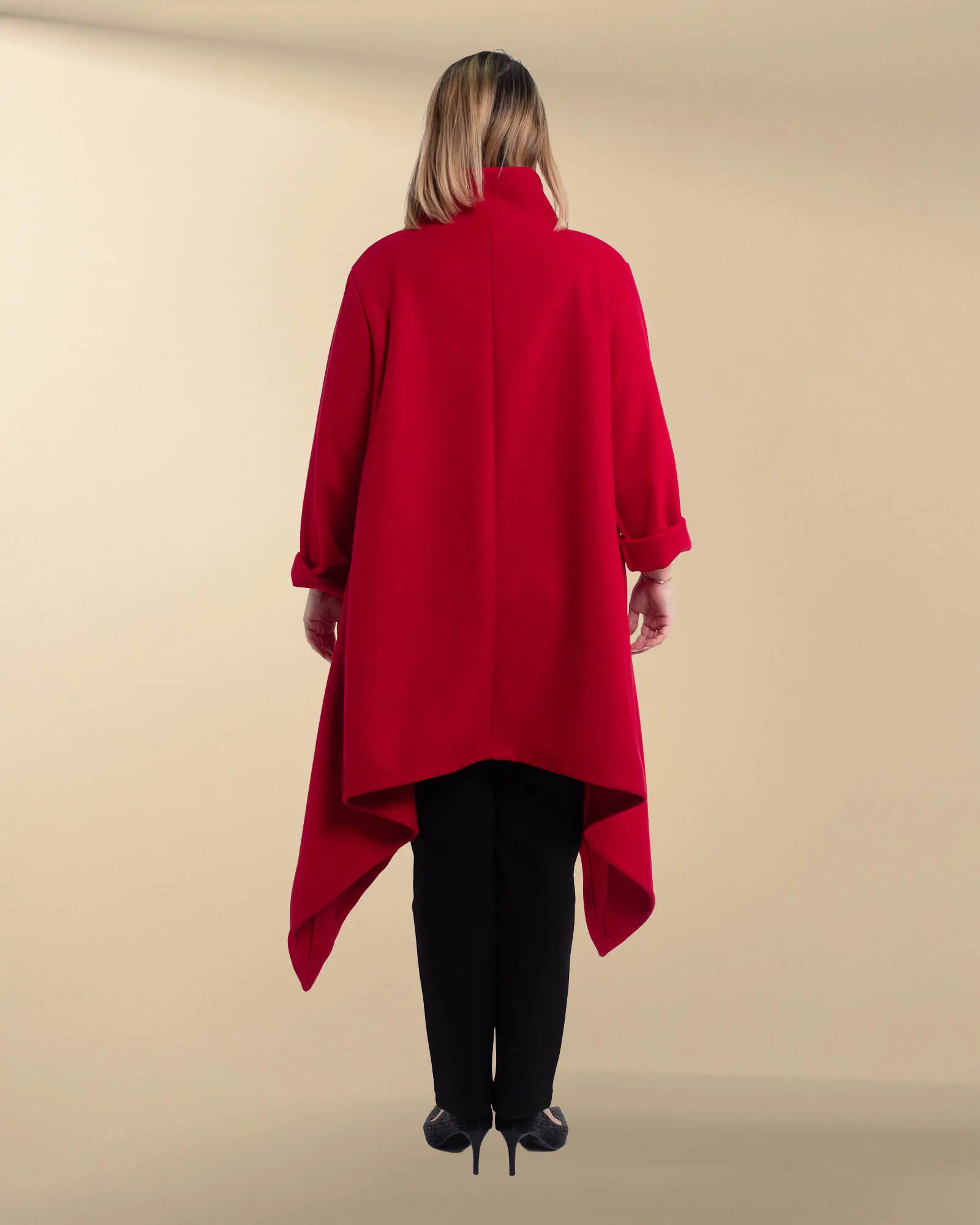 Jachetă palton chic roșie cu design asimetric în cloș [1]