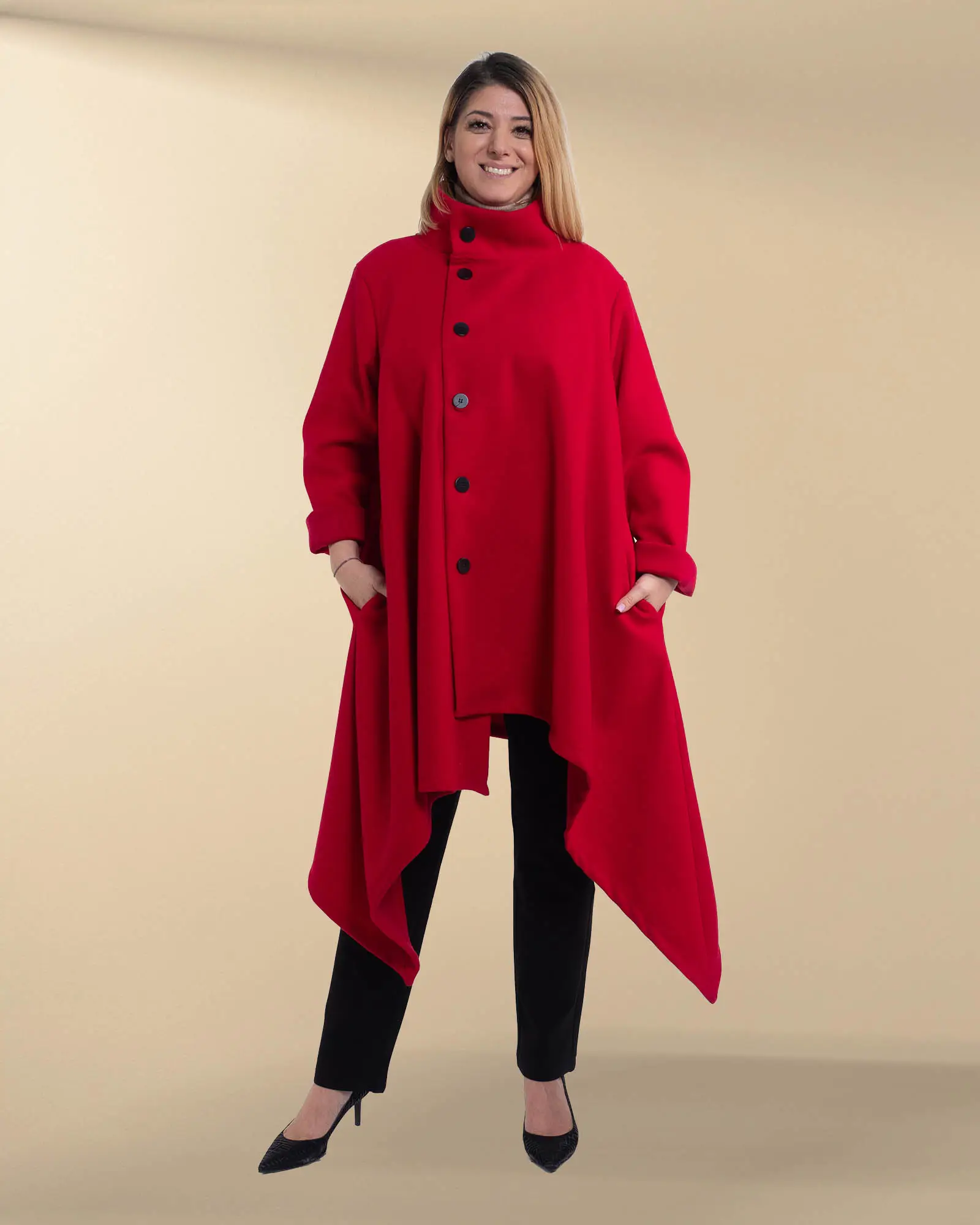 Produse noi - Jachetă palton chic roșie cu design asimetric în cloș