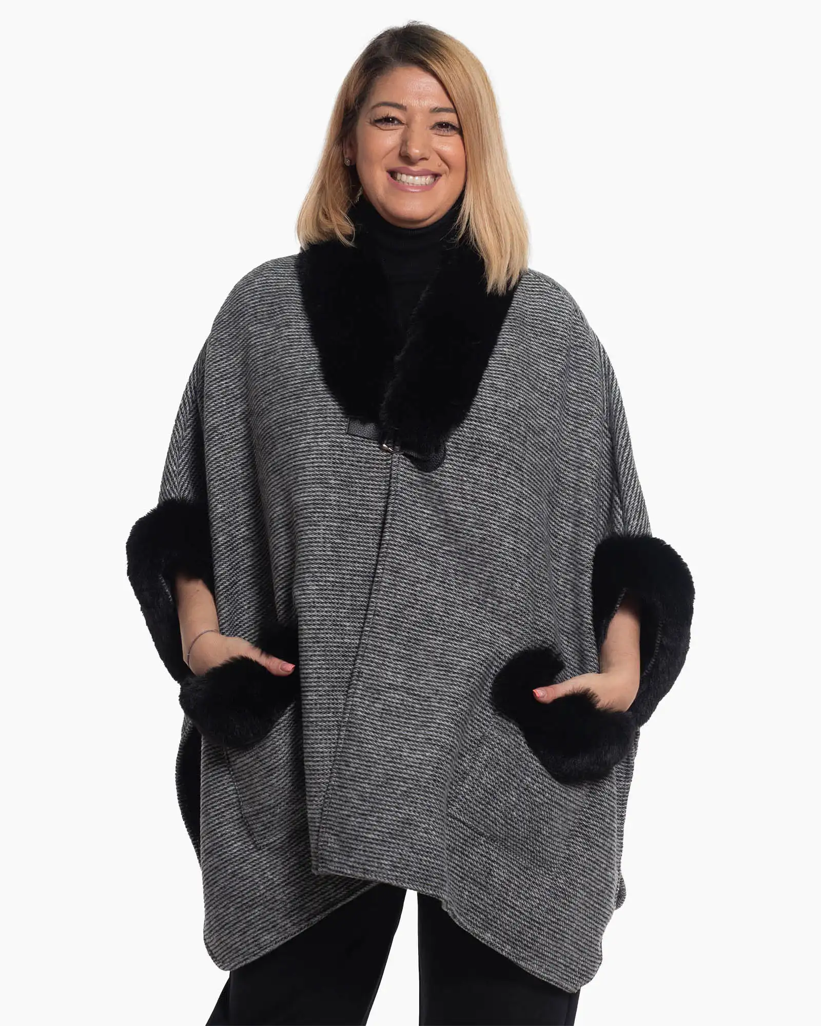 Jachetă poncho gri, lejeră și călduroasă, cu inserții delicate de blăniță [3]