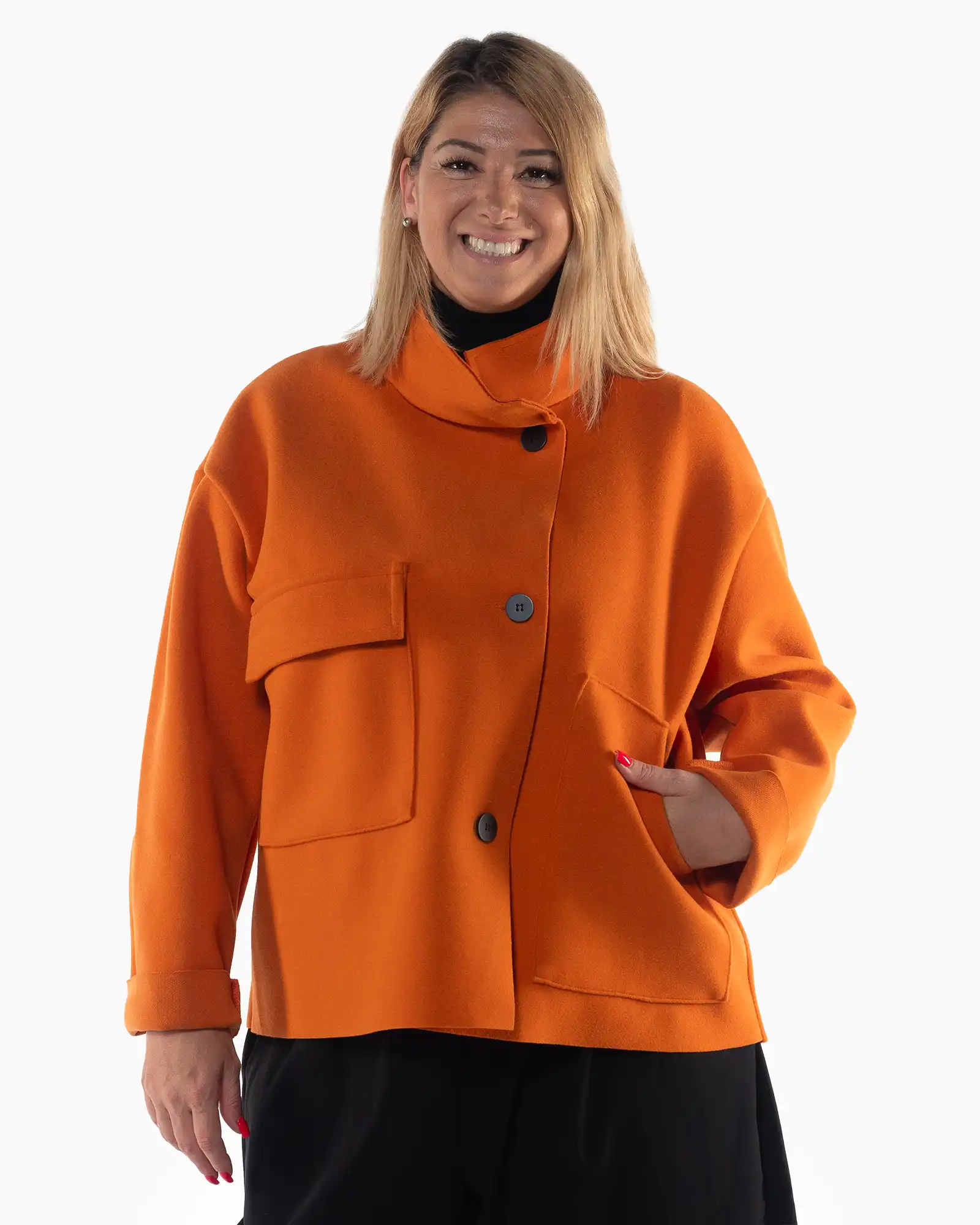 Produse noi - Jachetă portocalie elegantă cu croială lejeră dolman