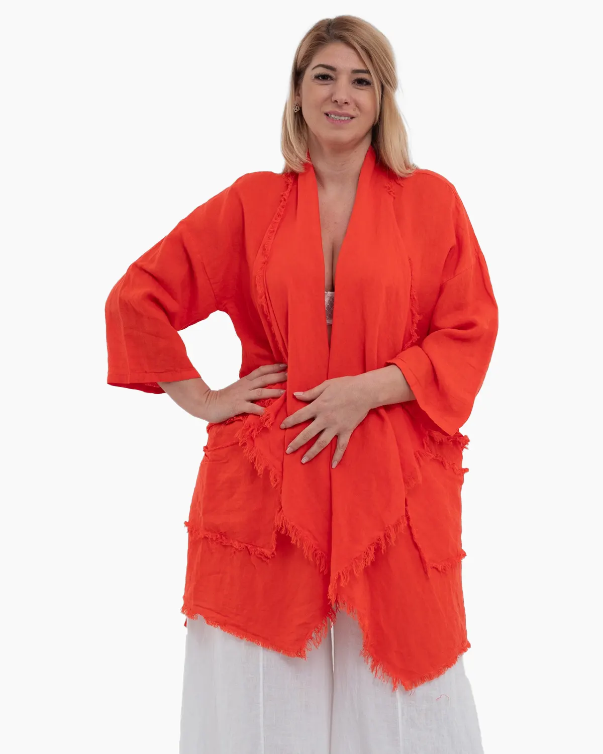 Jachete Casual - Jacheta portocalie oversized din in, asimetrica cu margini franjurate