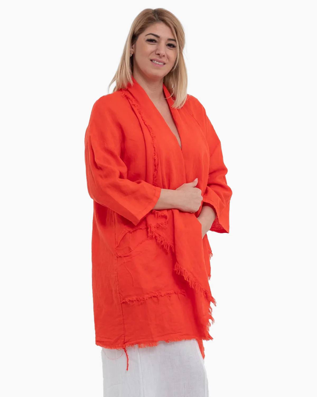 Jacheta portocalie oversized din in, asimetrica cu margini franjurate [2]