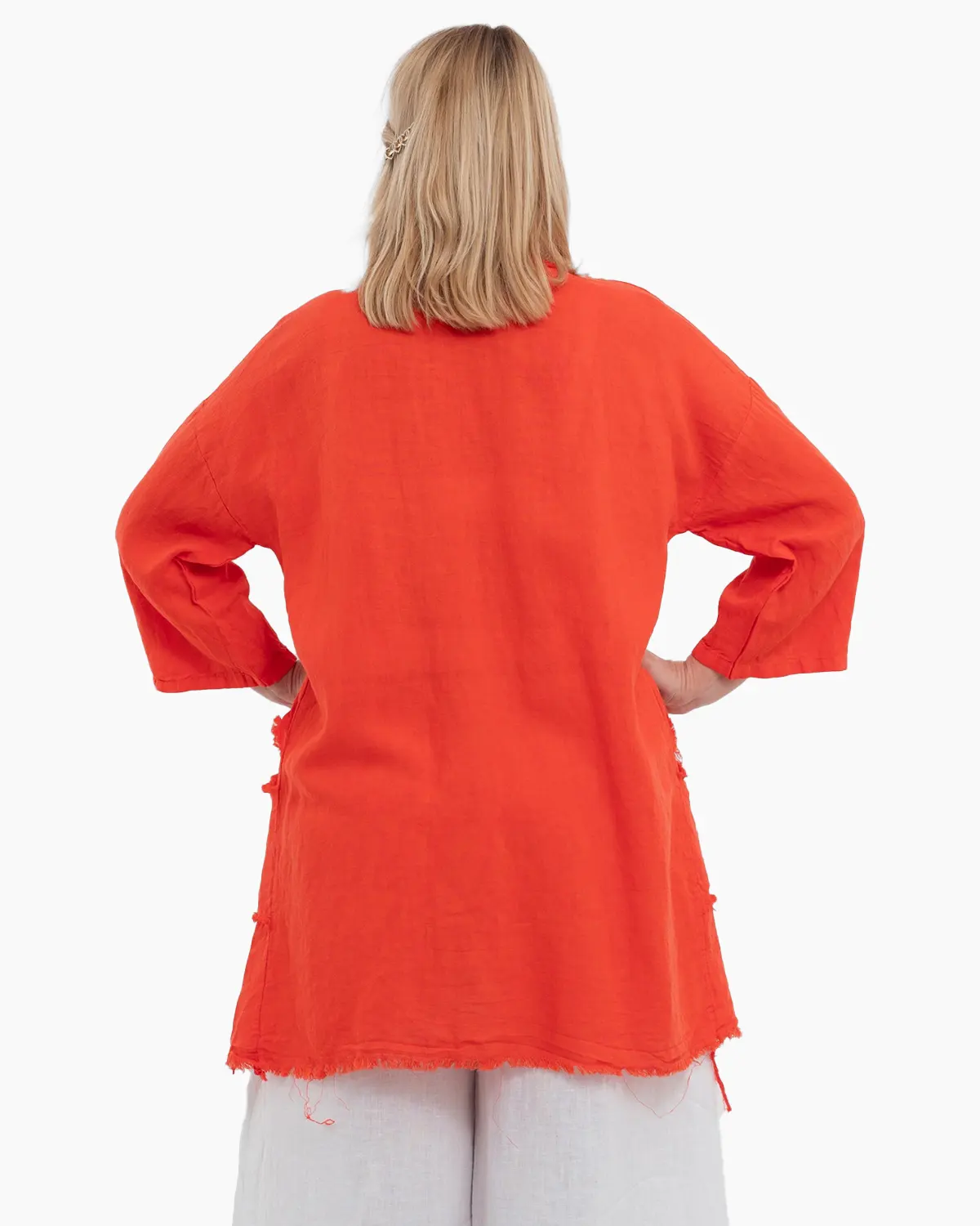 Jacheta portocalie oversized din in, asimetrica cu margini franjurate [1]