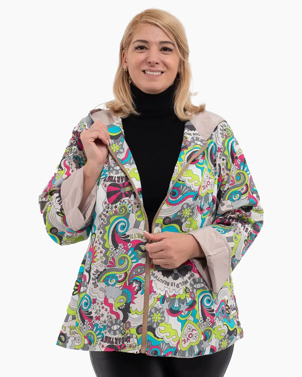 Jachete Casual - Jachetă subțire de toamnă cu imprimeu abstract multicolor bej