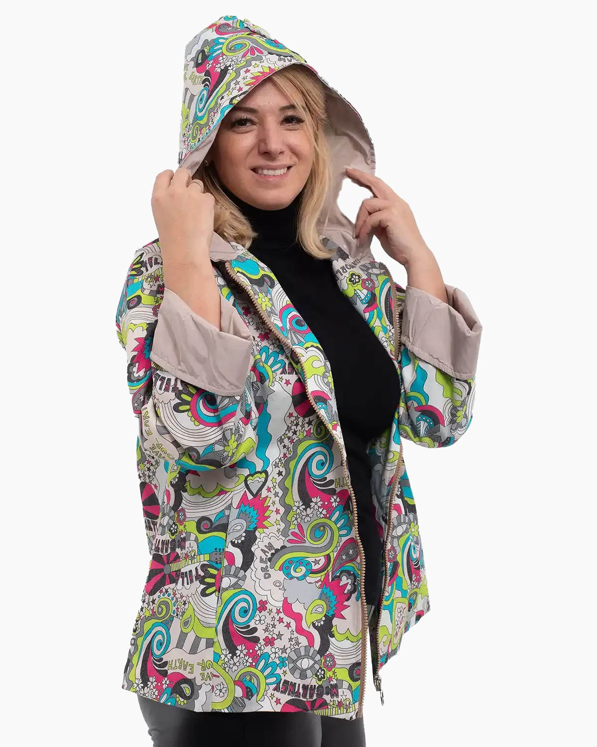 Jachetă subțire de toamnă cu imprimeu abstract multicolor bej [2]