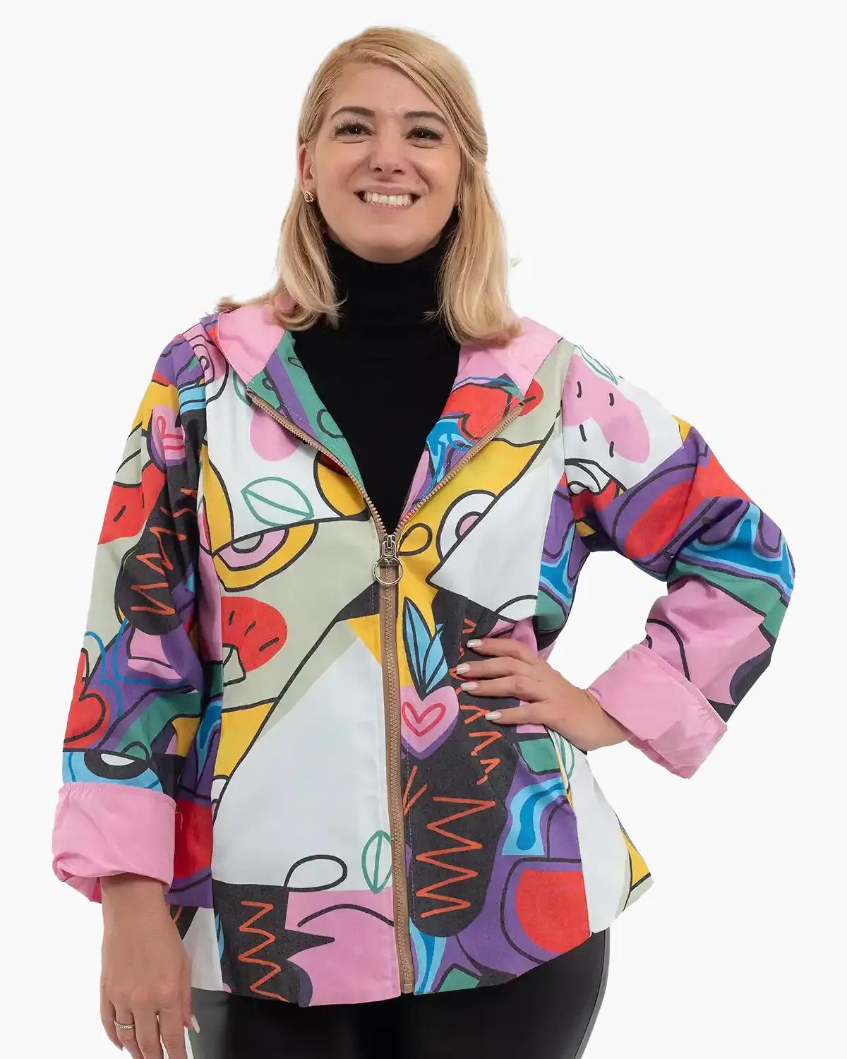 Jachete Casual - Jachetă subțire de toamnă cu imprimeu abstract multicolor roz