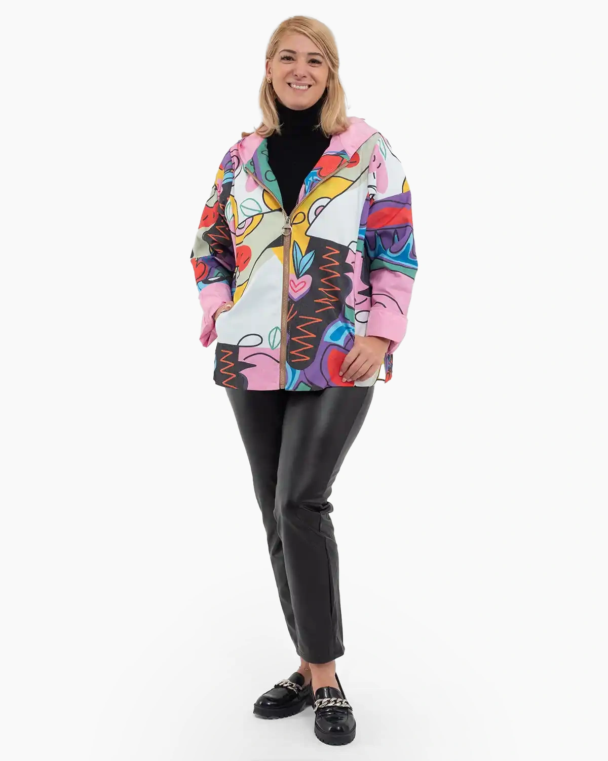 Jachetă subțire de toamnă cu imprimeu abstract multicolor roz [2]
