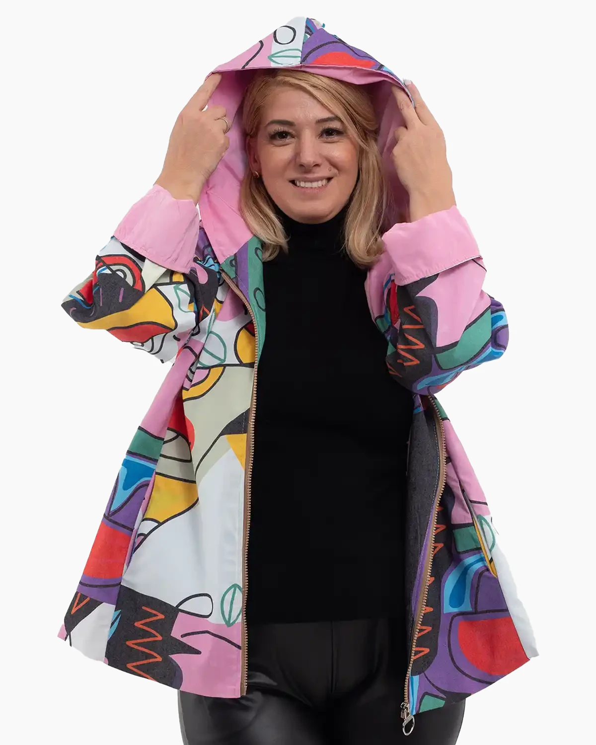 Jachetă subțire de toamnă cu imprimeu abstract multicolor roz [3]