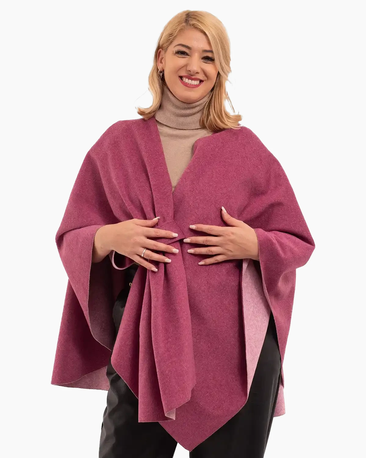 Haine damă - Jachetă tip poncho cu fundă elegantă din stofă de calitate, fucsia