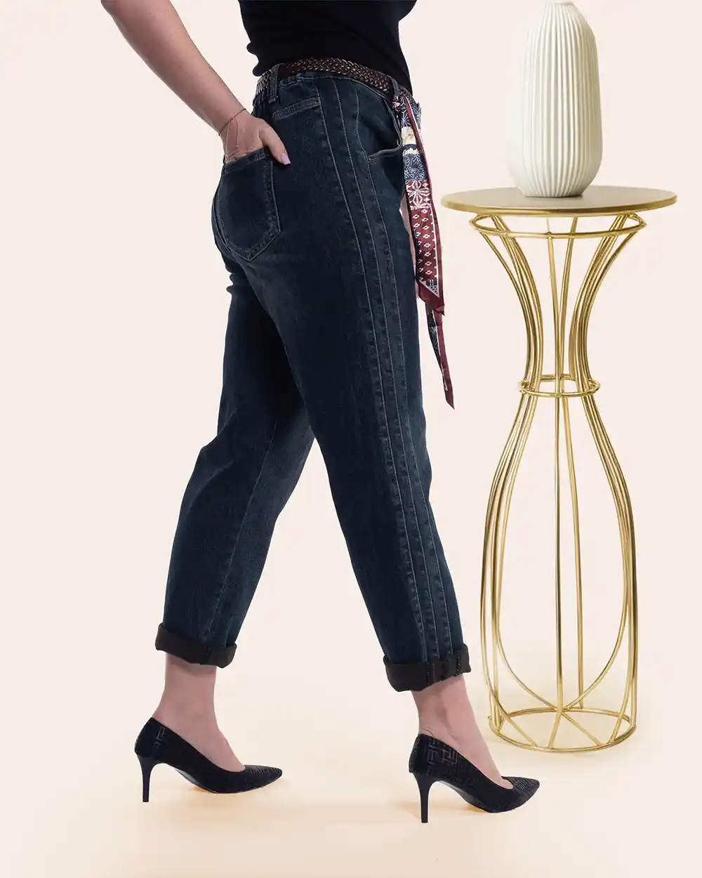 Jeans bleumarin groși interior catifea, curea și eșarfă [2]