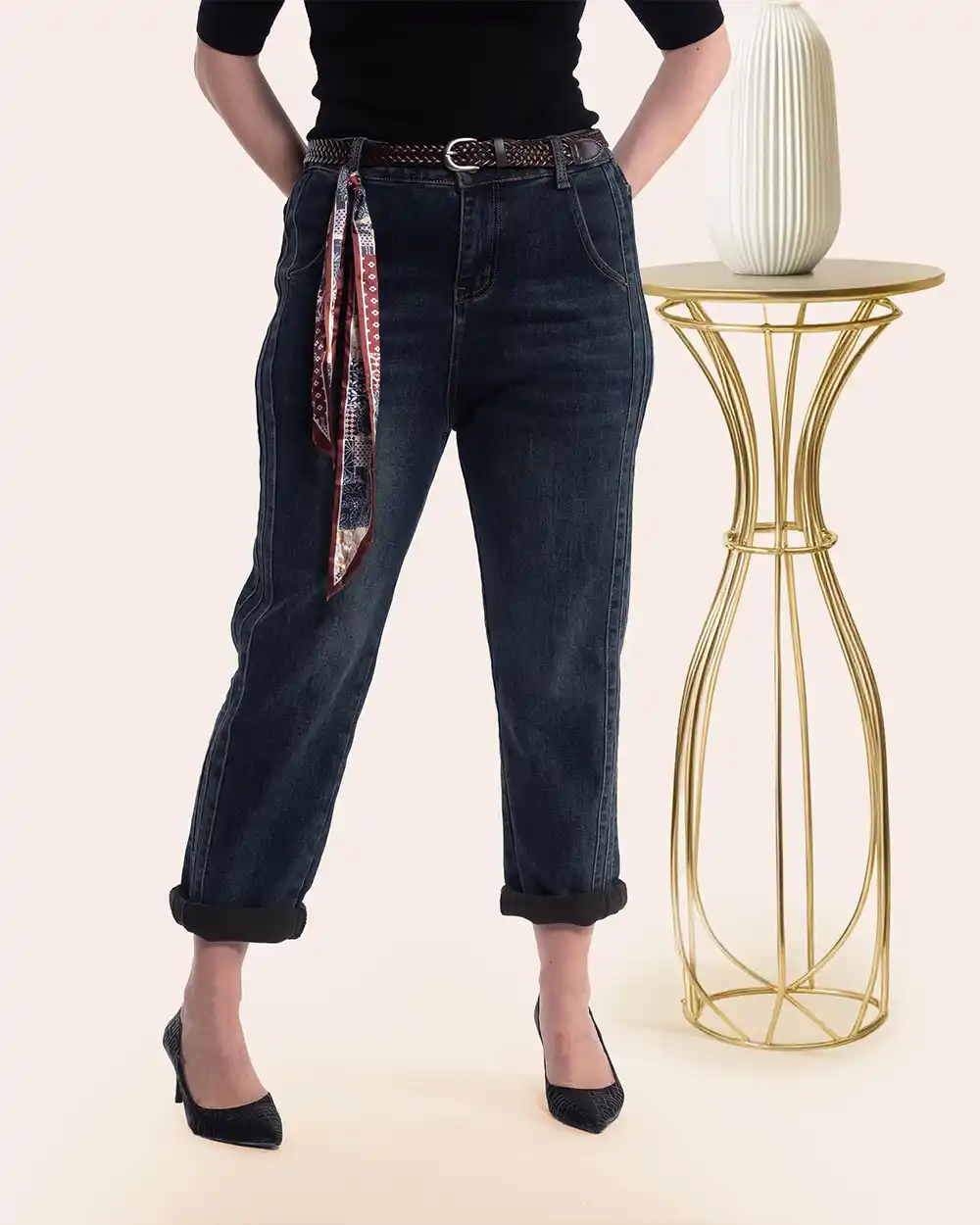 Îmbrăcăminte Damă - Jeans bleumarin groși interior catifea, curea și eșarfă