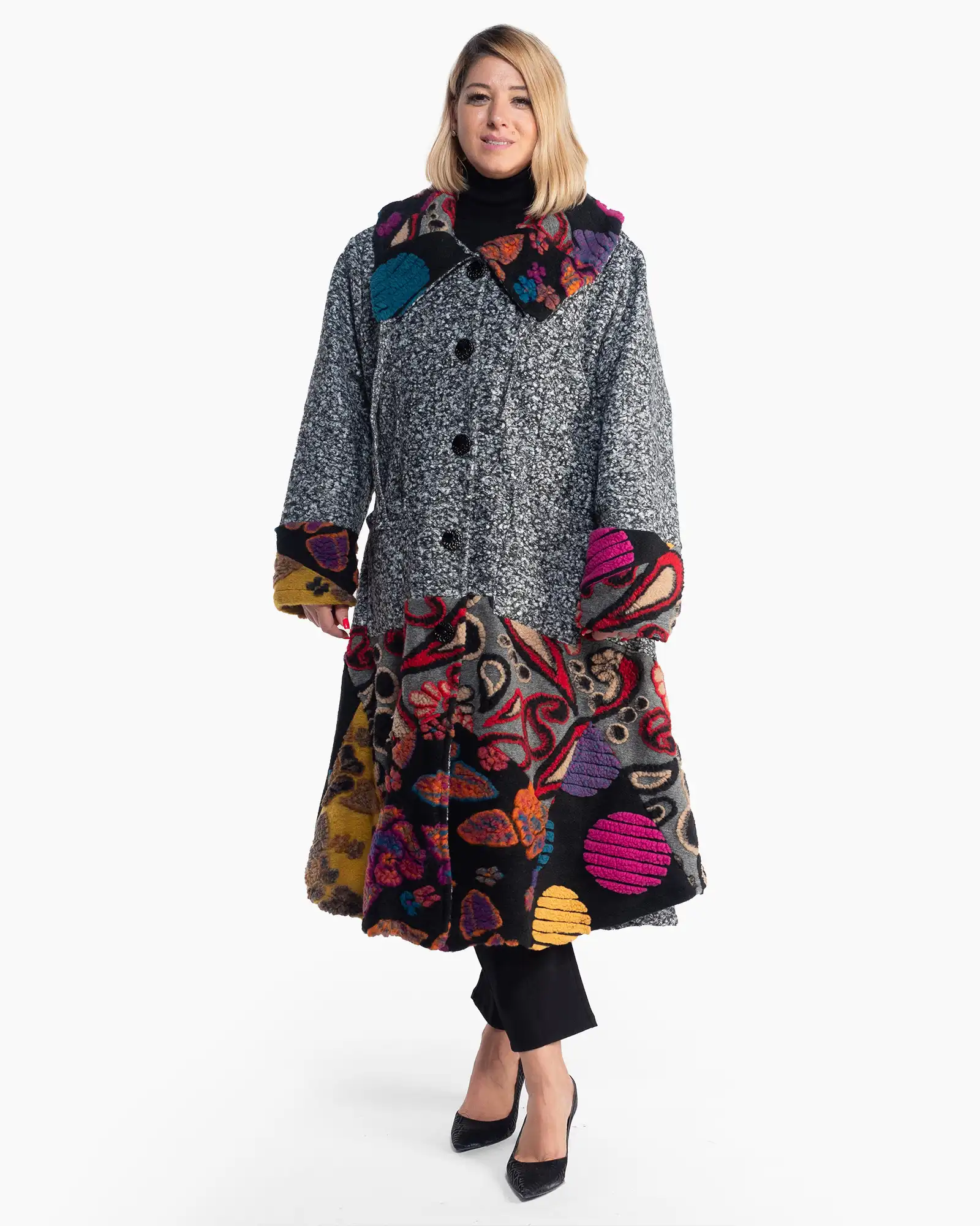 Jachete Casual - Palton gri lung din lână, cu imprimeu patchwork în stil boho