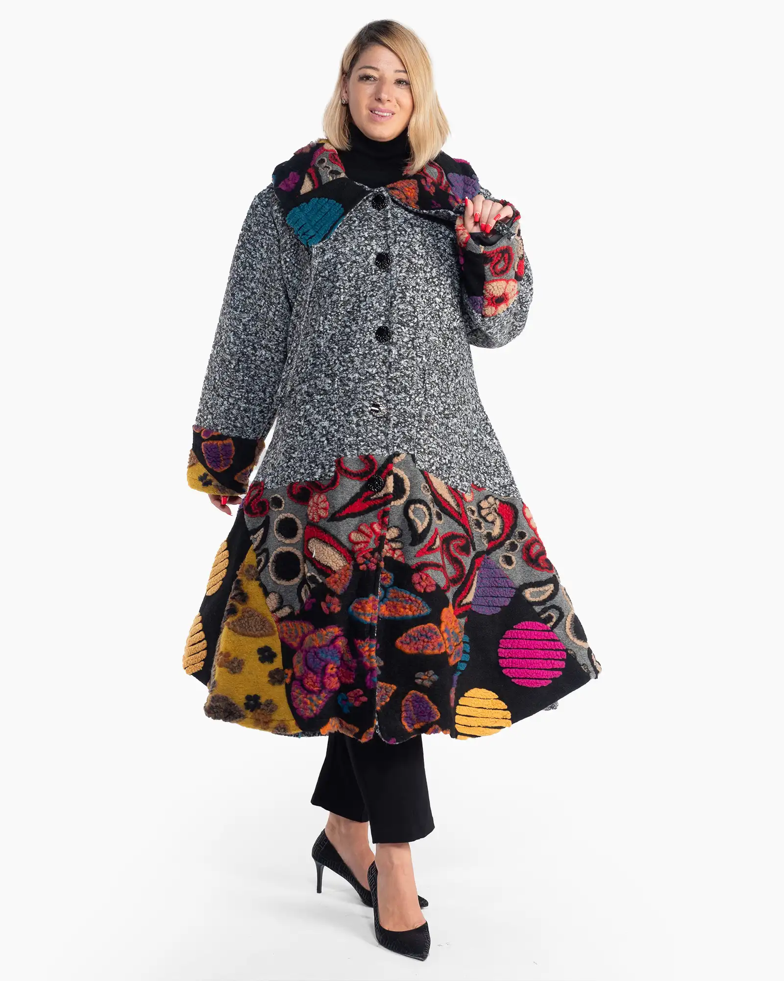 Palton gri lung din lână, cu imprimeu patchwork în stil boho [3]