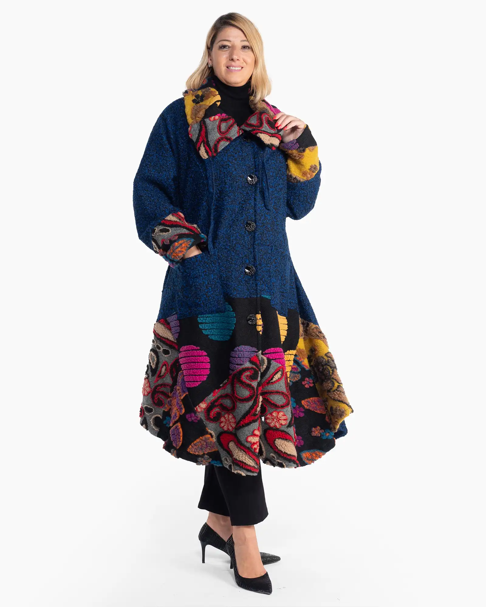 Palton lung boho bleumarin din lână cu imprimeu artistic [3]