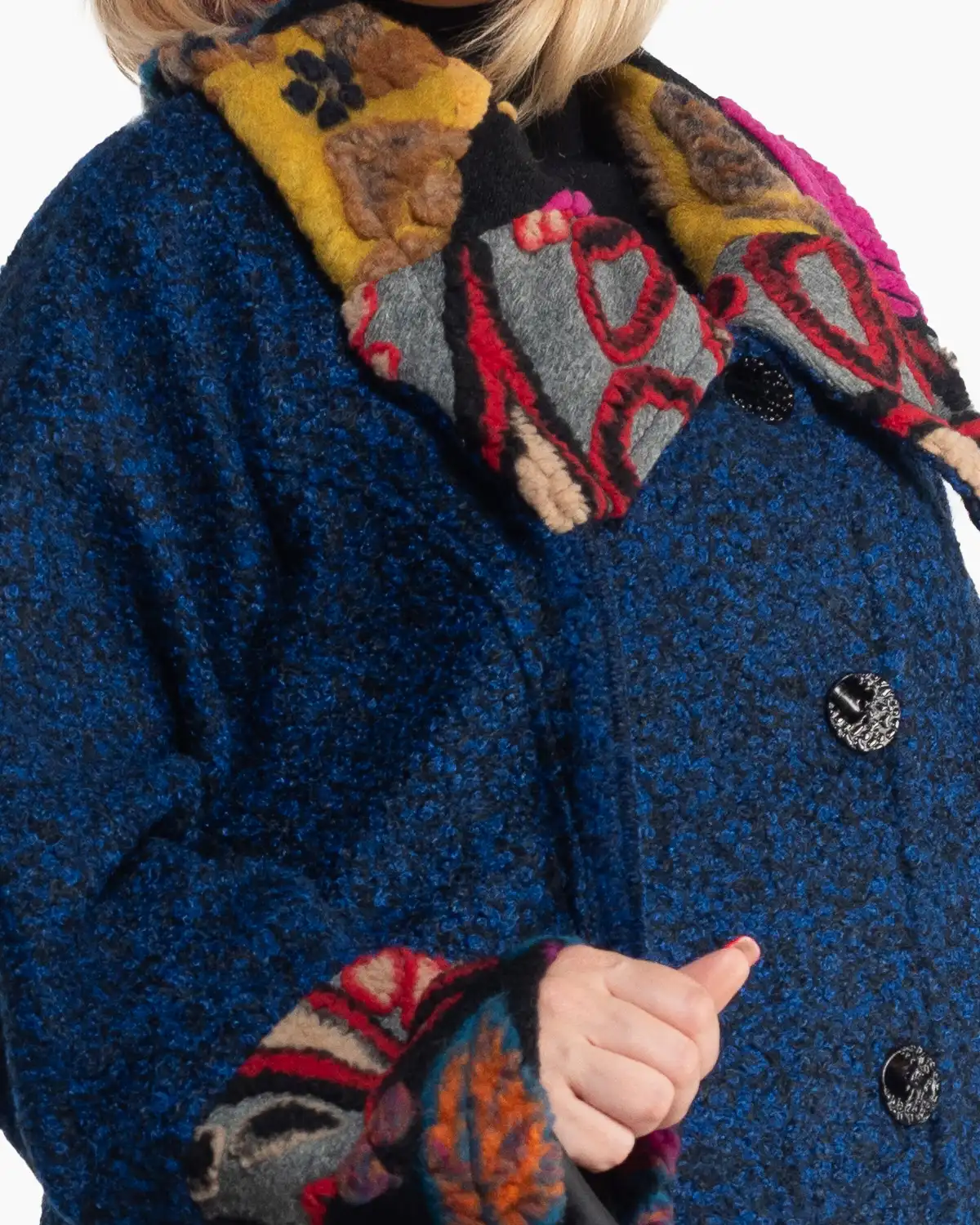 Palton lung boho bleumarin din lână cu imprimeu artistic [4]