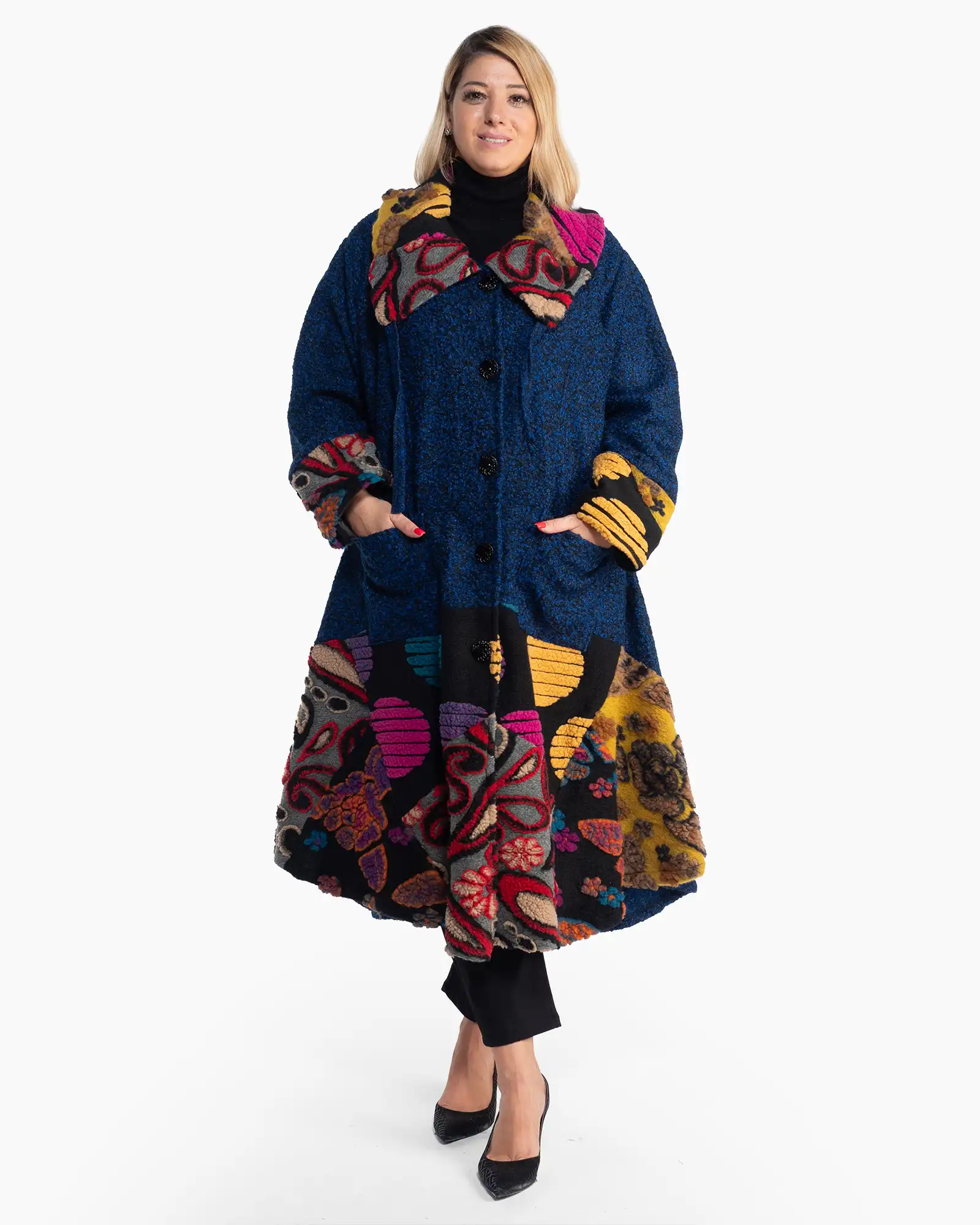 Produse noi - Palton lung boho bleumarin din lână cu imprimeu artistic