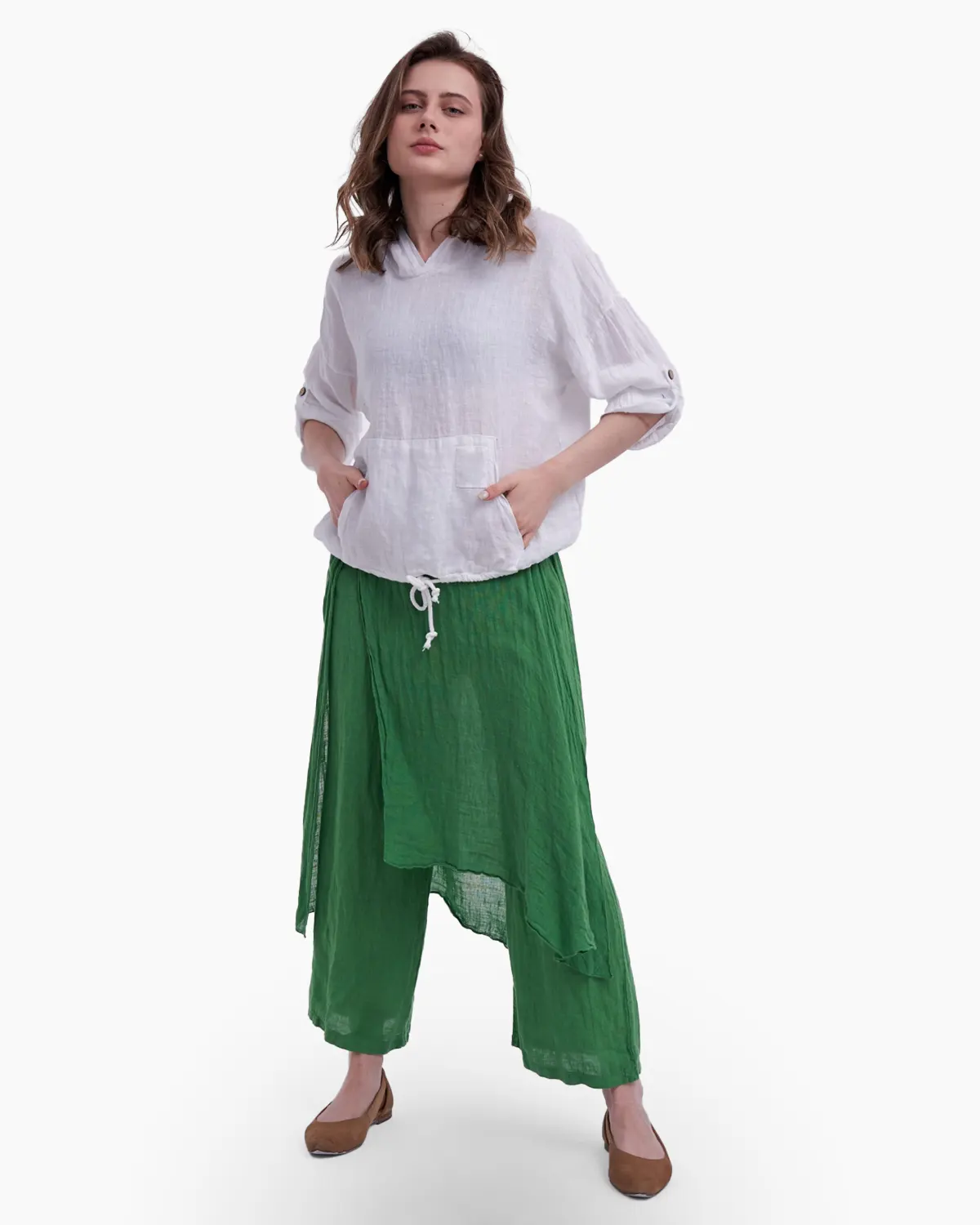 Pantaloni din In - Pantalon din in cu design petrecut, verde
