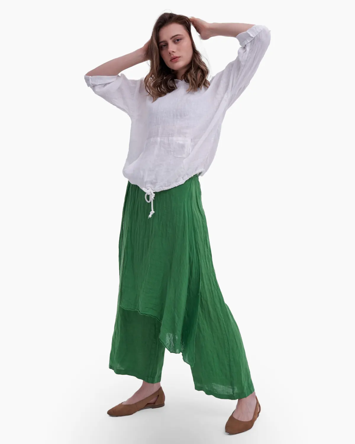 Pantalon din in cu design petrecut, verde [1]