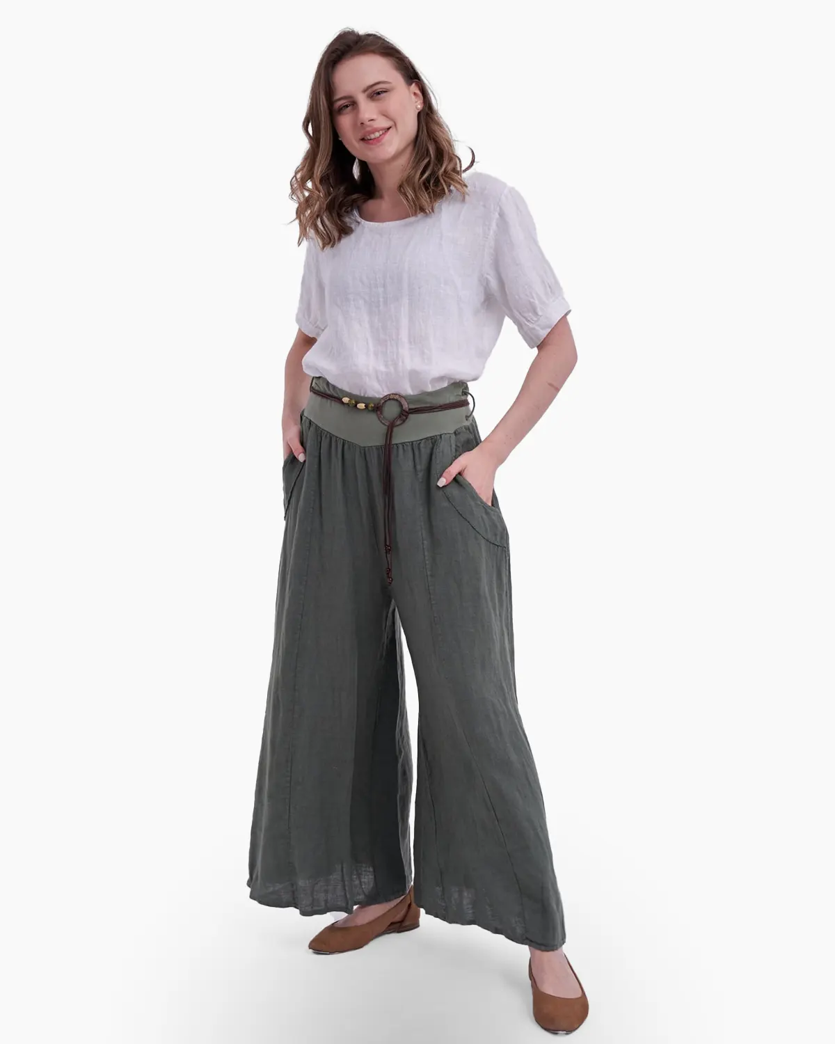 Pantaloni din In - Pantalon tip fusta, din in, kaki
