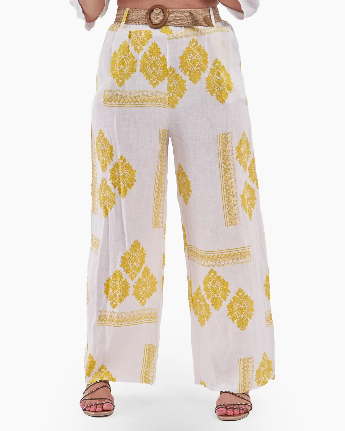 Haine damă - Pantaloni albi din in cu imprimeu galben