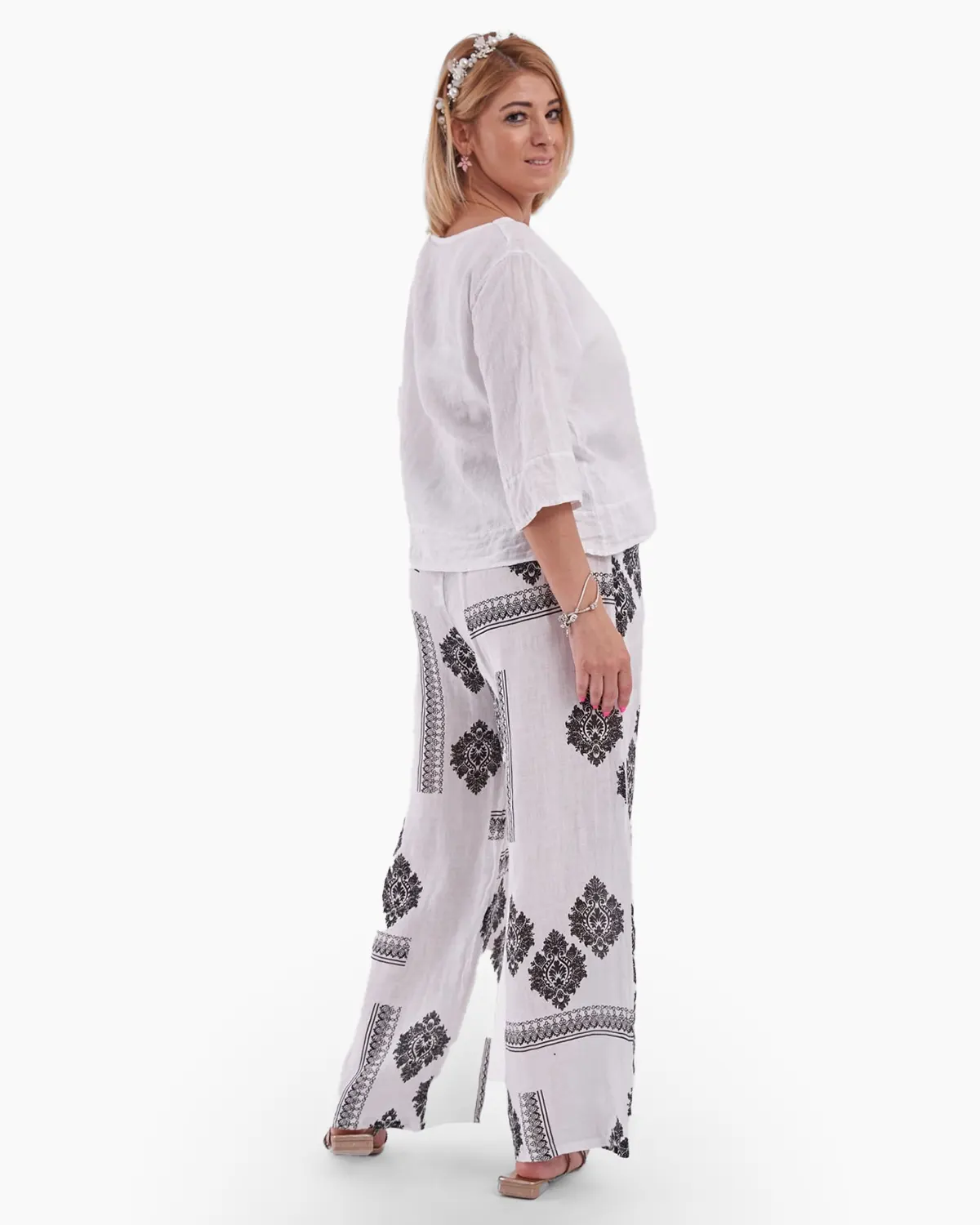 Pantaloni albi din in cu imprimeu negru [3]