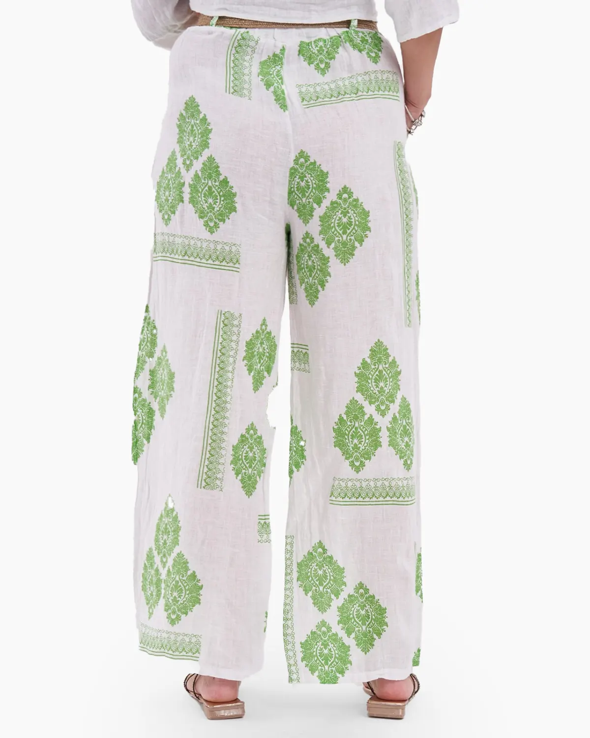 Haine damă - Pantaloni albi din in cu imprimeu verde