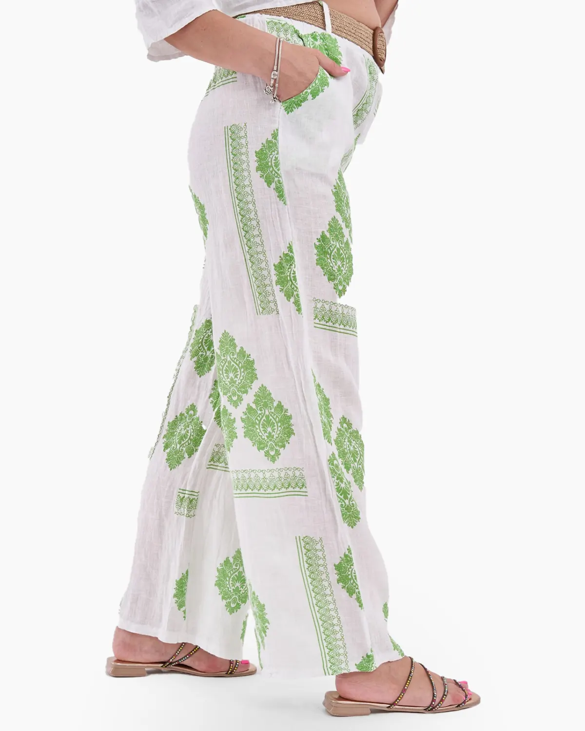 Pantaloni albi din in cu imprimeu verde [1]