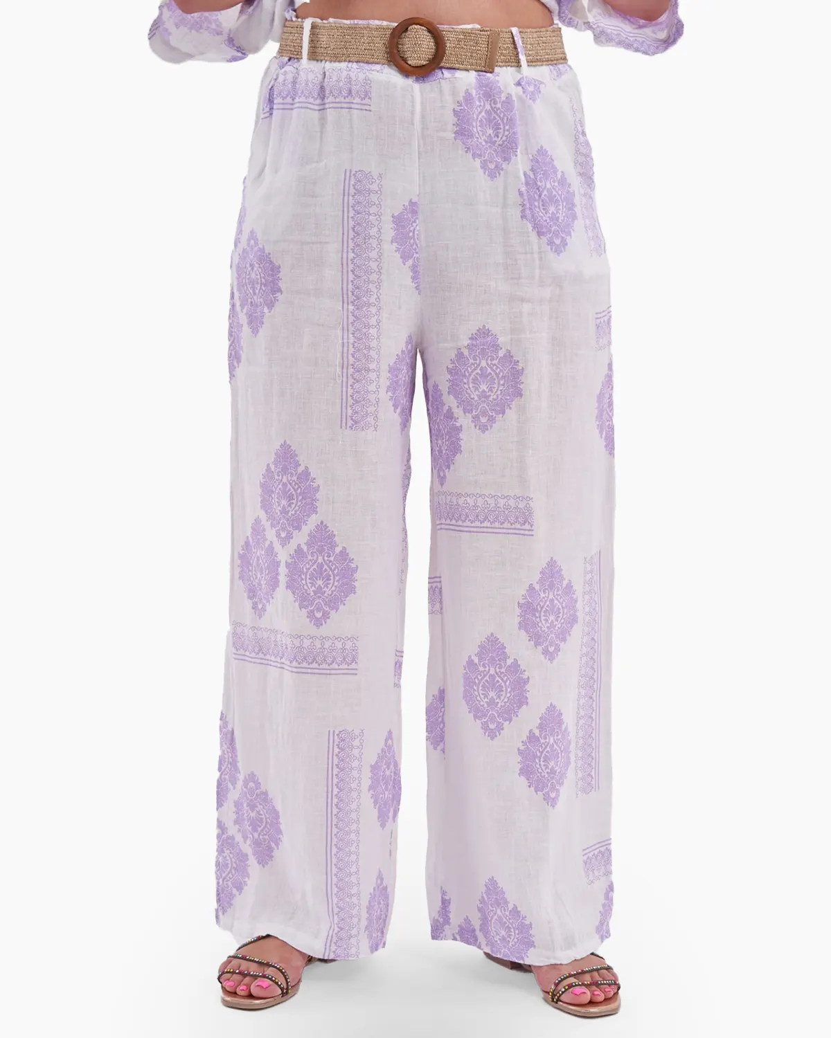 Haine damă - Pantaloni albi din in cu imprimeu violet