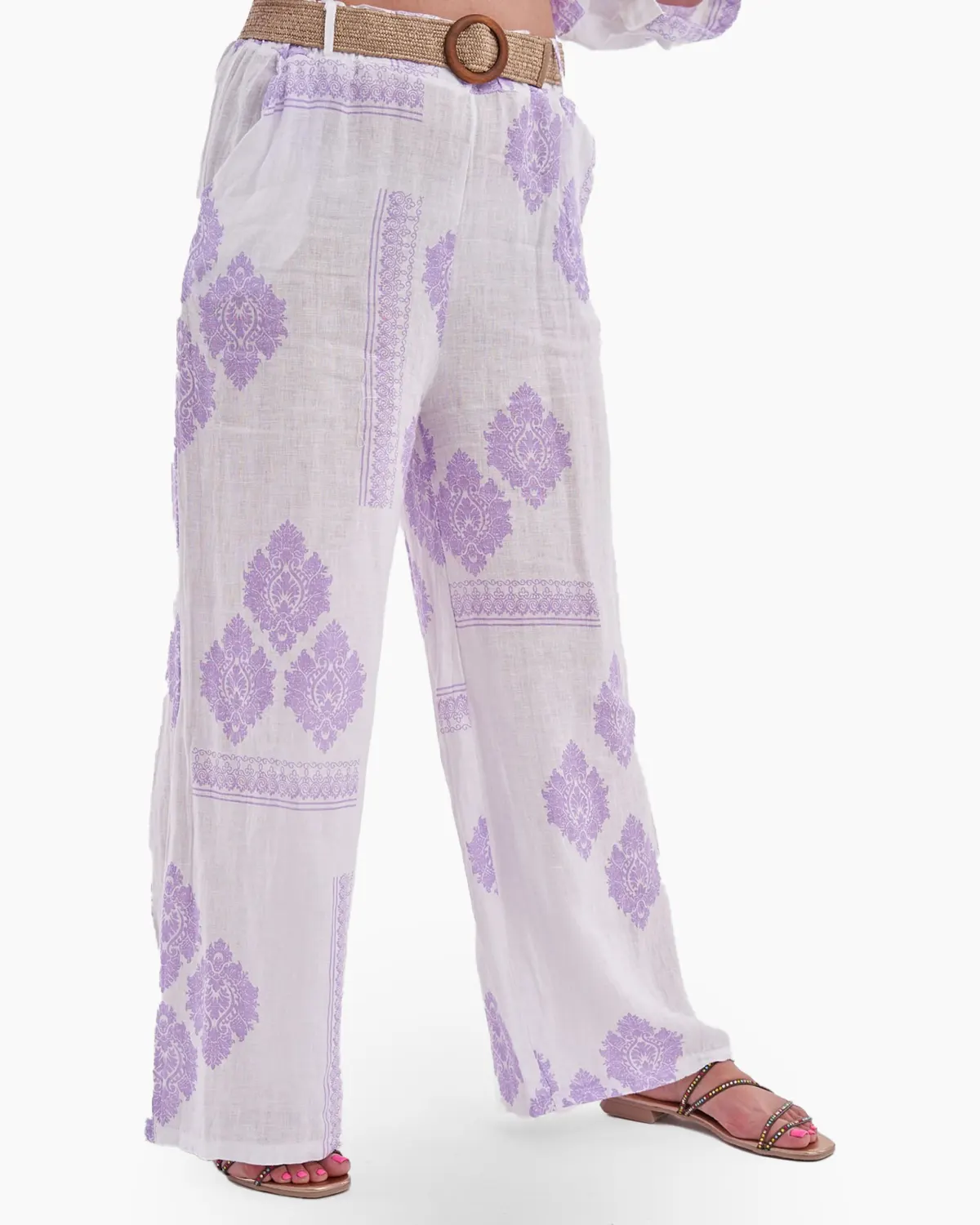 Pantaloni albi din in cu imprimeu violet [1]