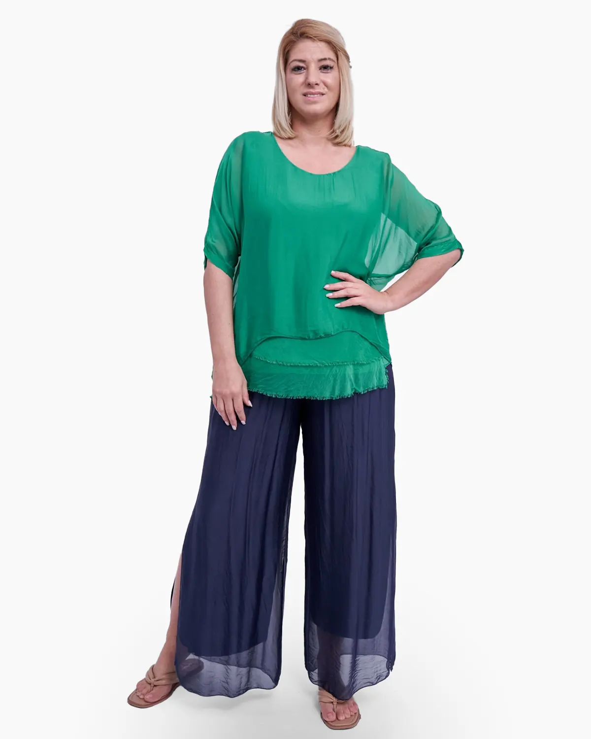 Pantaloni din Mătase - Pantaloni bleumarin din matase naturala, despicati lateral
