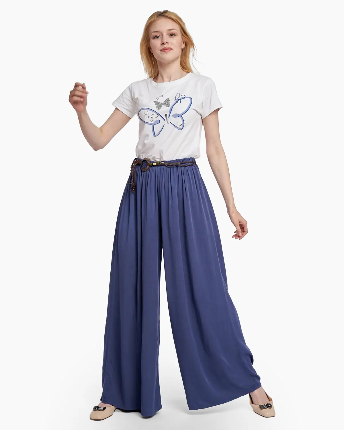 Haine damă - Pantaloni bleumarin, largi, din vascoza