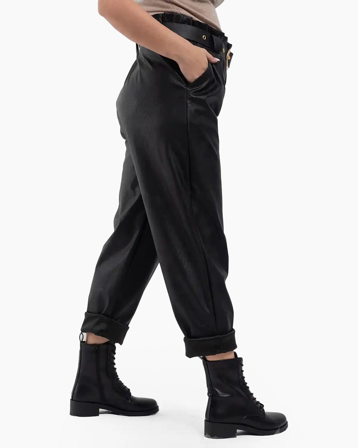 Pantaloni boyfriend damă din imitație piele cu curea inclusă [2]