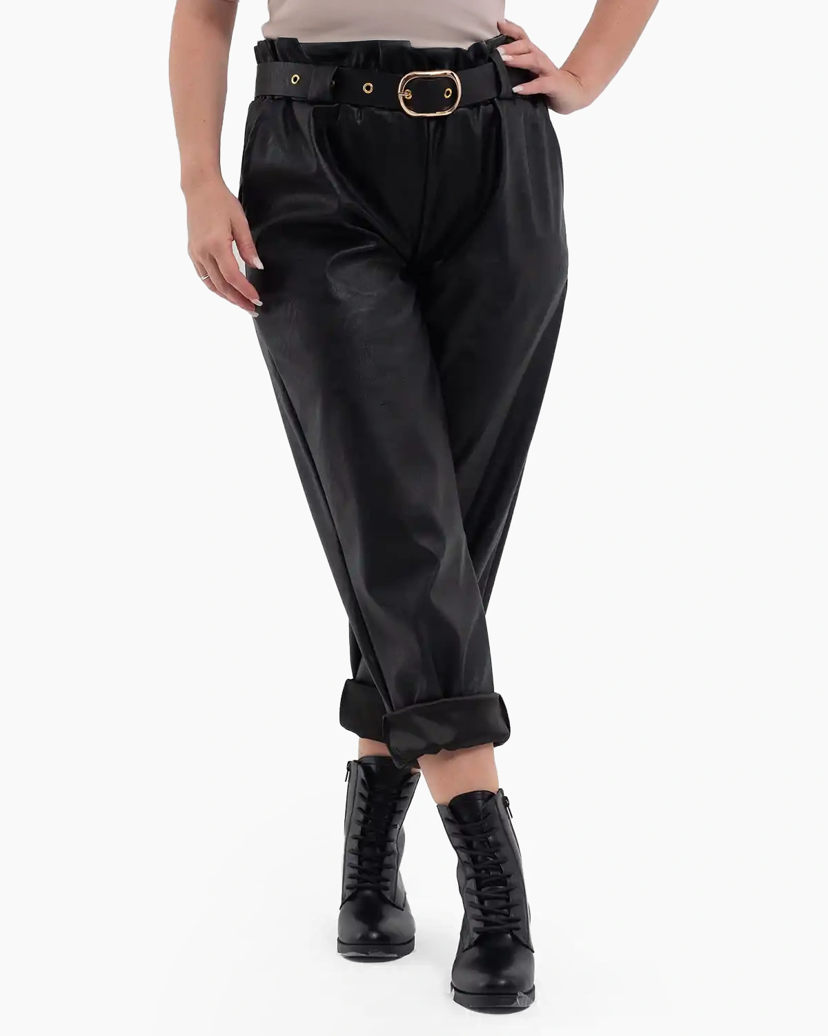 Pantaloni Casual - Pantaloni boyfriend damă din imitație piele cu curea inclusă