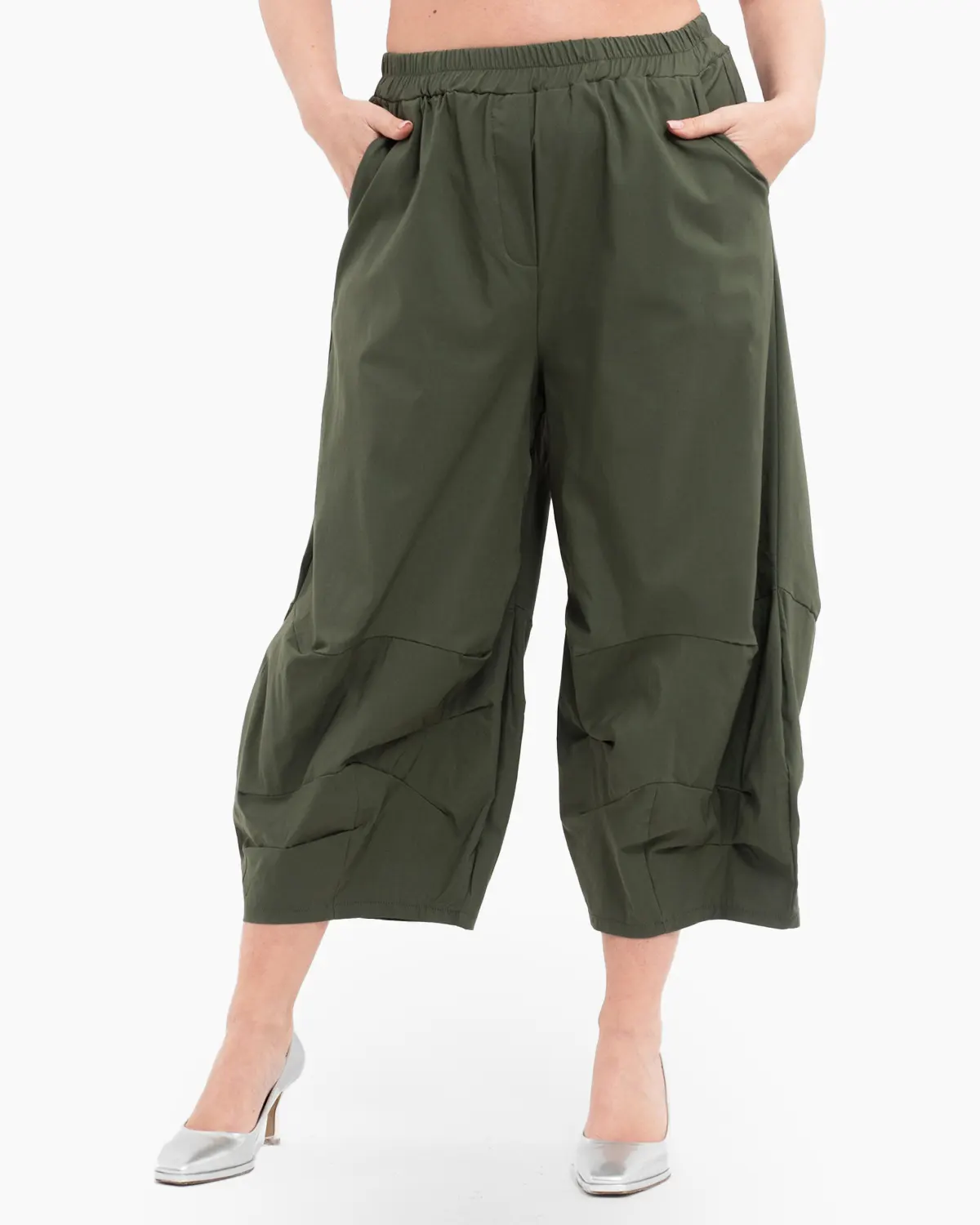 Haine damă - Pantaloni bufanti trei sferturi kaki cu talie elastica pentru confort