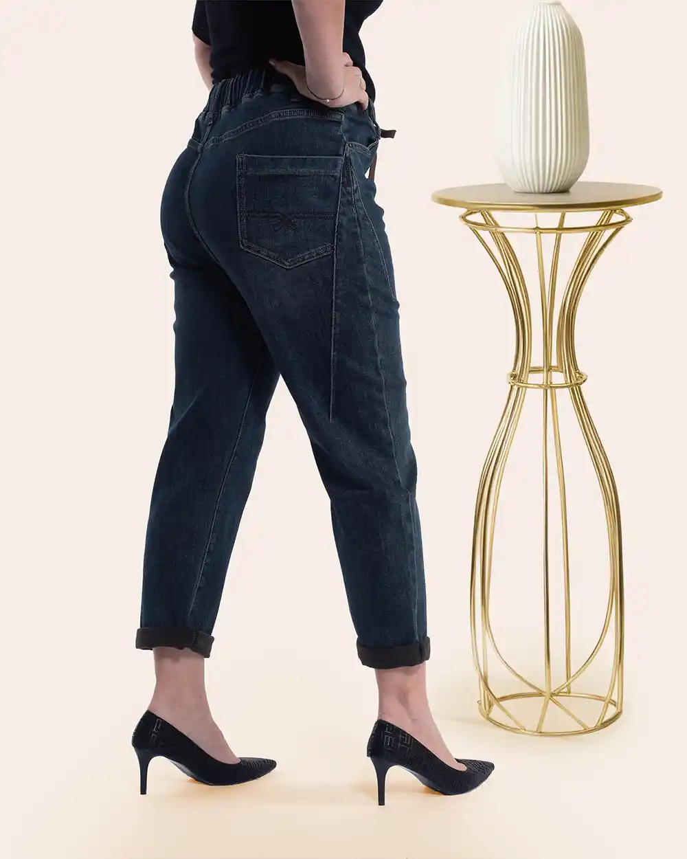 Pantaloni casual chic bleumarin cu talie înaltă căptușiți cu catifea [2]