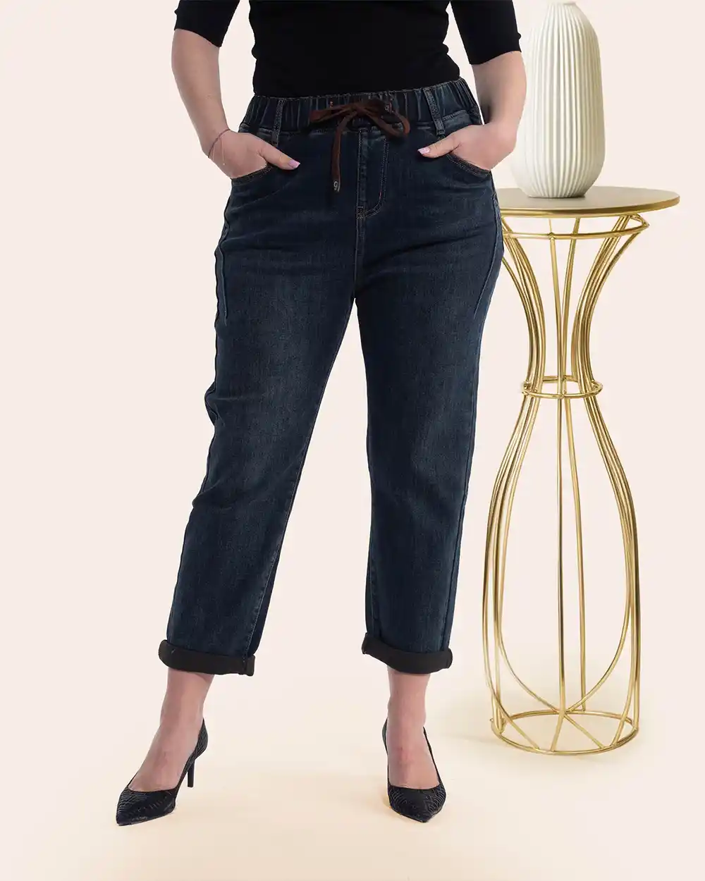 Îmbrăcăminte Damă - Pantaloni casual chic bleumarin cu talie înaltă căptușiți cu catifea