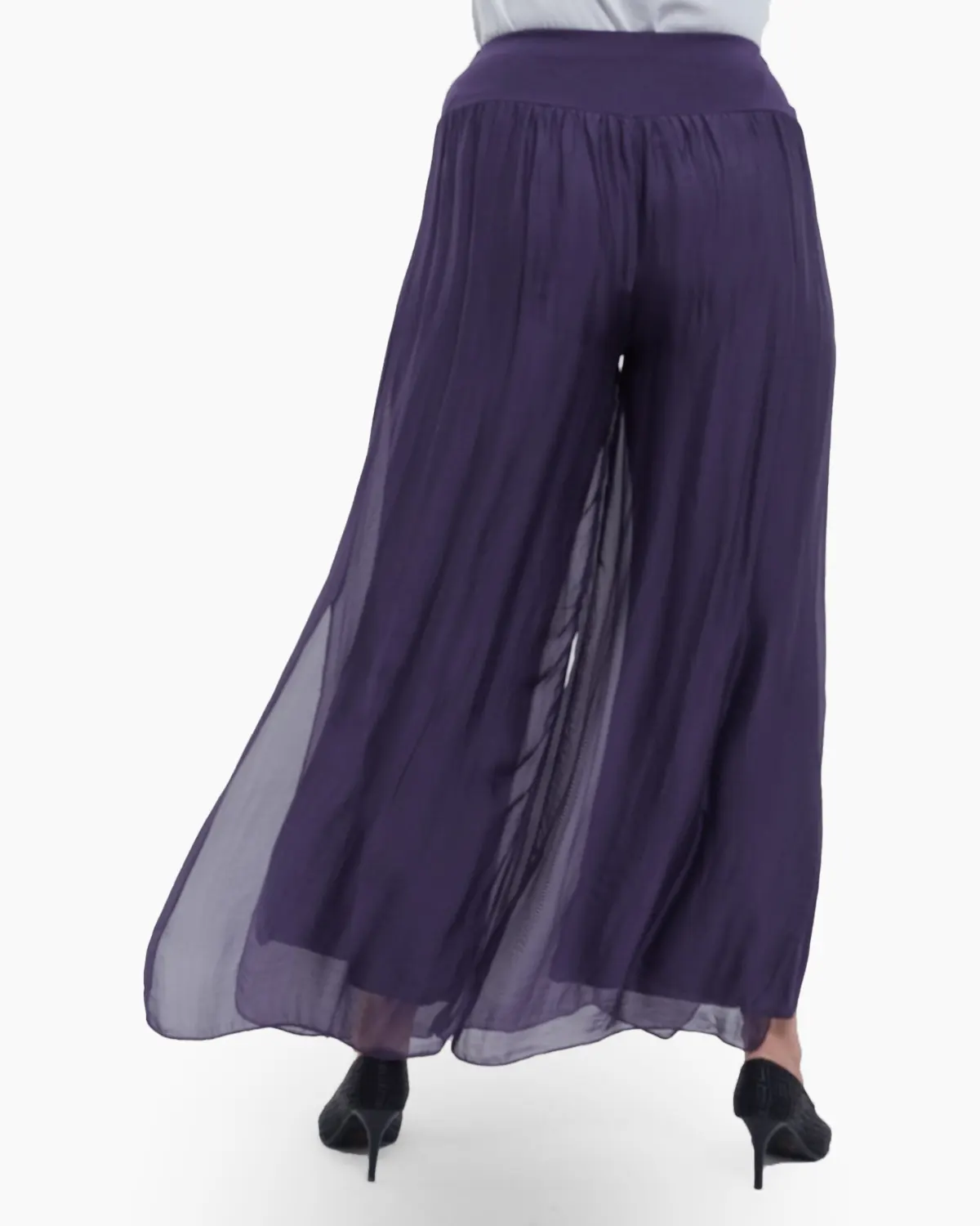 Pantaloni casual chic din matase naturala cu slituri laterale si design fusta talie unica croiala lejera mov [3]