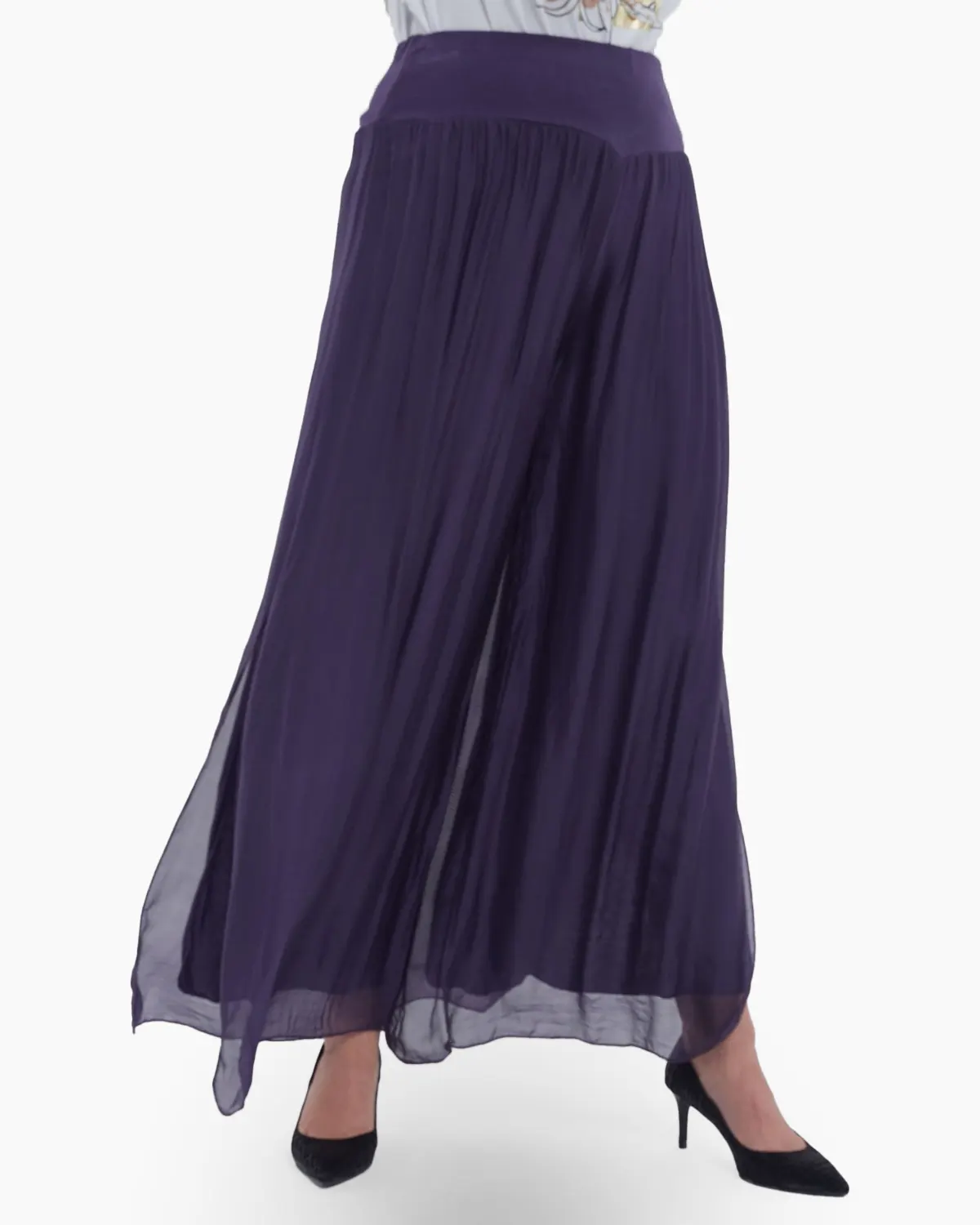 Pantaloni casual chic din matase naturala cu slituri laterale si design fusta talie unica croiala lejera mov [1]