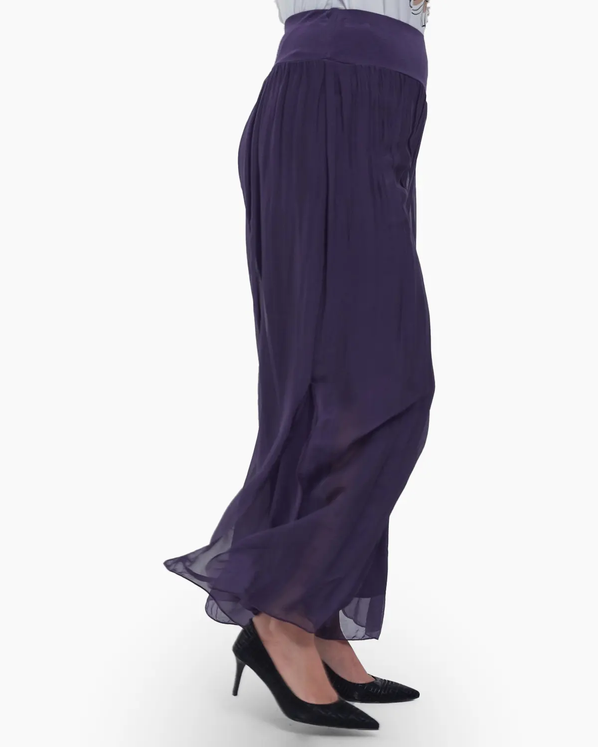 Pantaloni casual chic din matase naturala cu slituri laterale si design fusta talie unica croiala lejera mov [2]