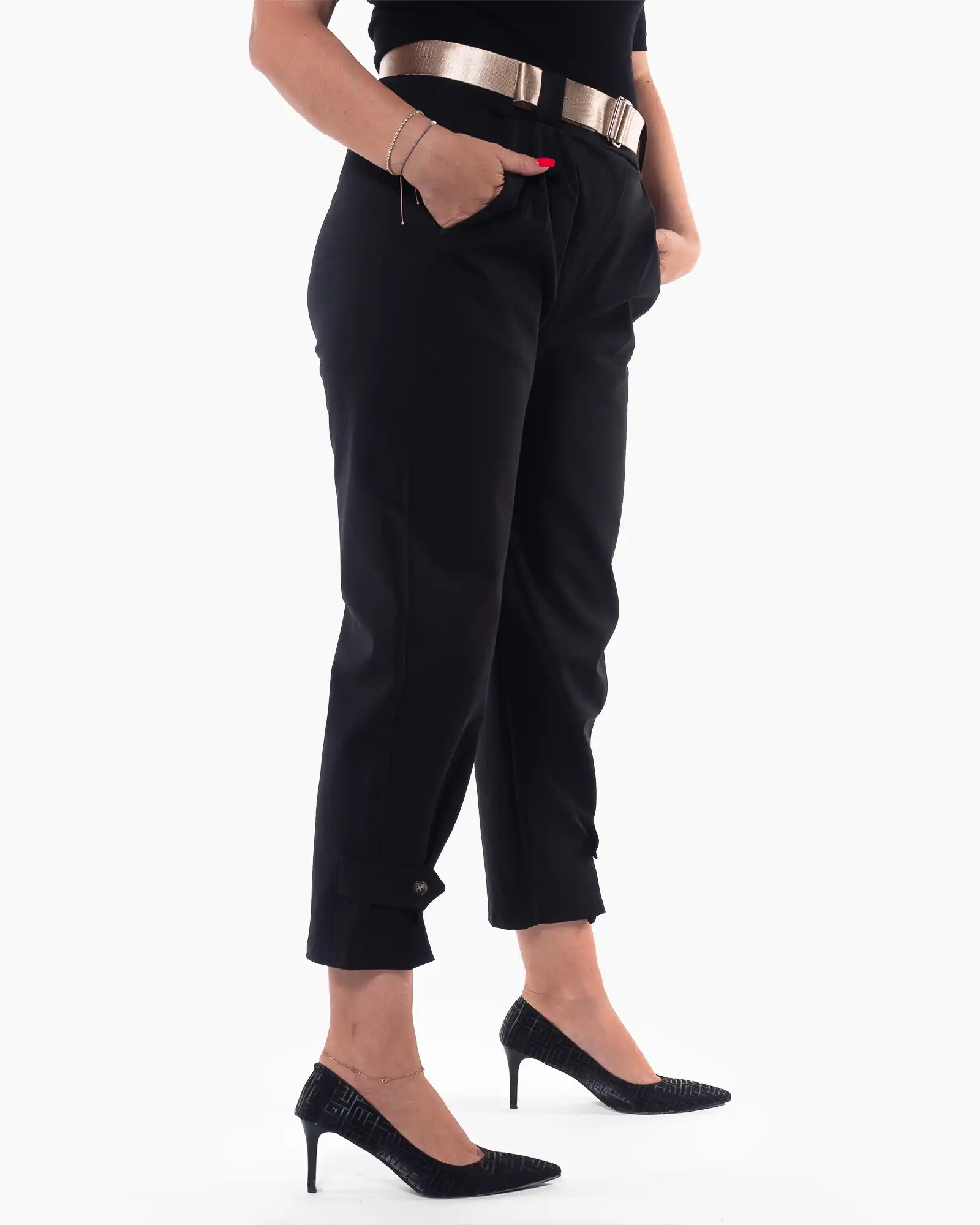 Pantaloni casual negri conici cu curea inclusă [2]
