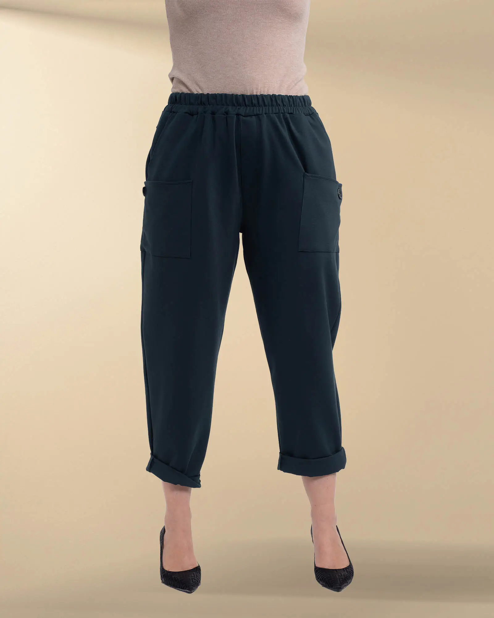 Produse noi - Pantaloni casual verzi din vâscoză cu buzunar asimetric