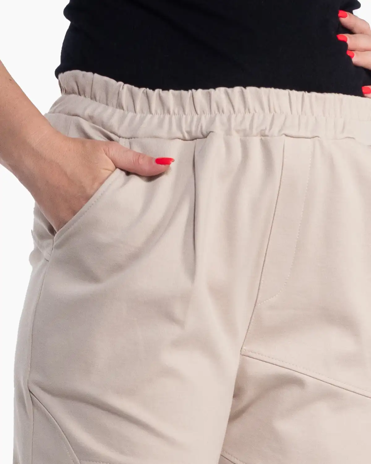 Pantaloni crem conici casual cu talie elastică și cusături decorative [3]