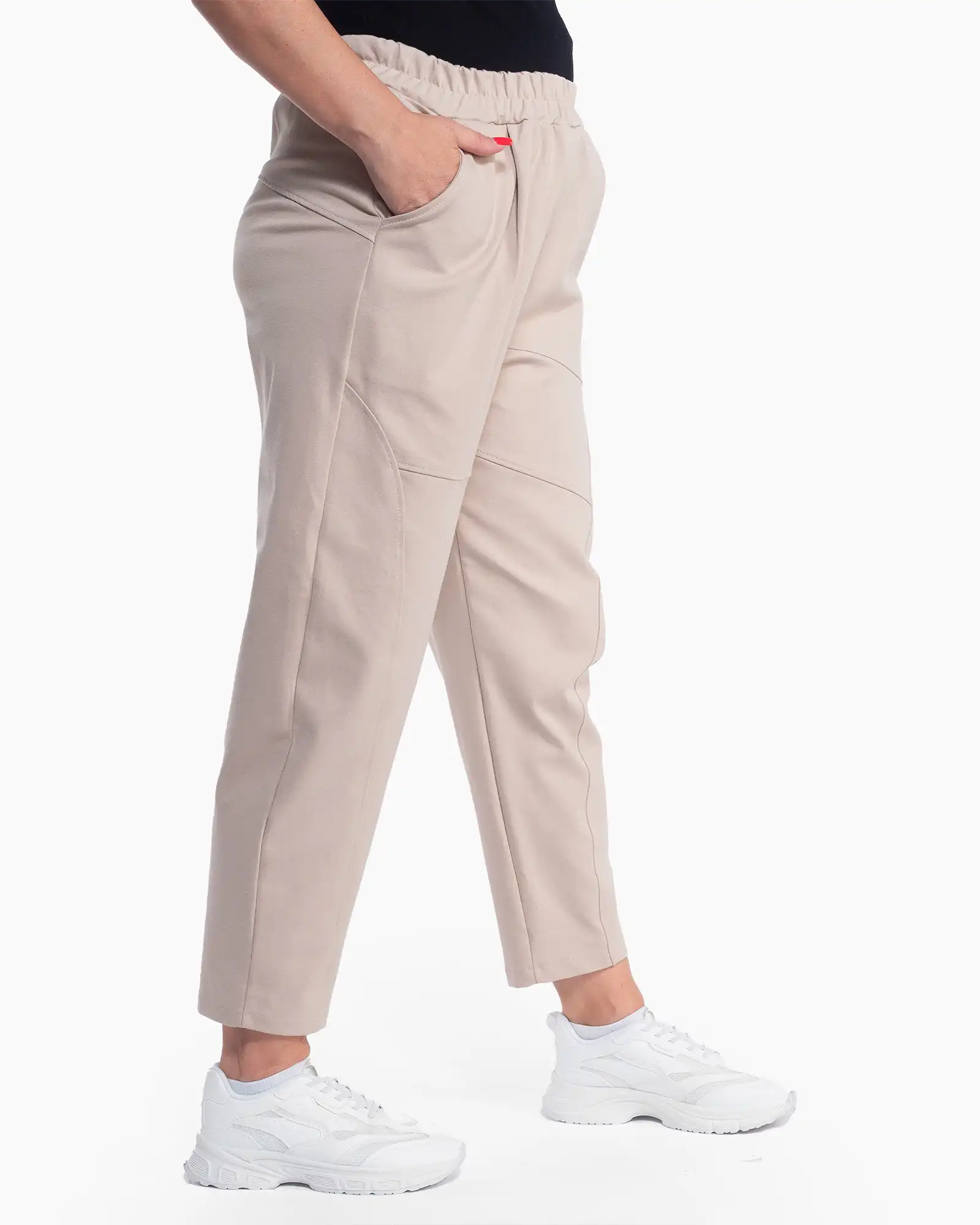 Pantaloni crem conici casual cu talie elastică și cusături decorative [2]